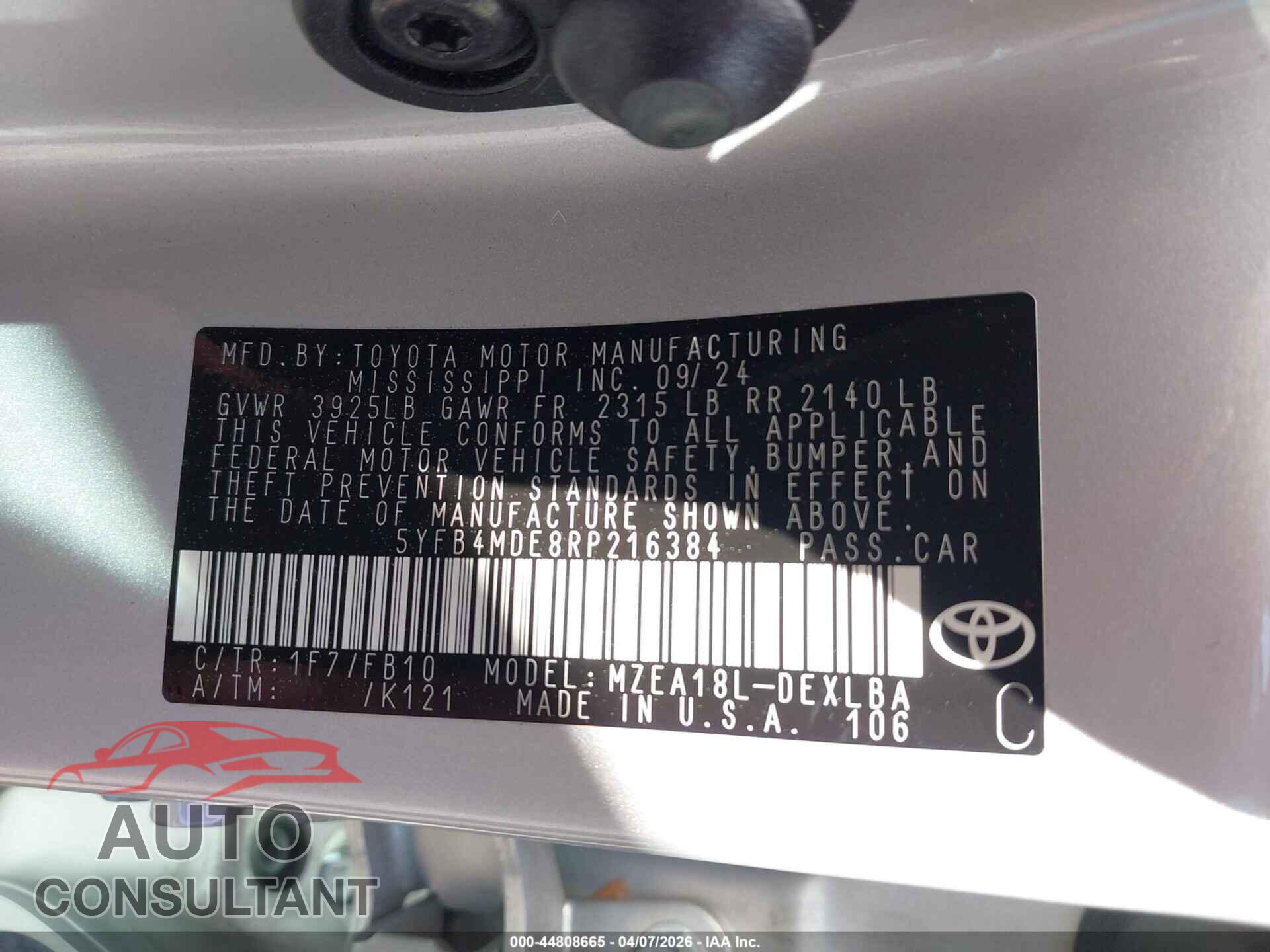 TOYOTA COROLLA 2024 - 5YFB4MDE8RP216384