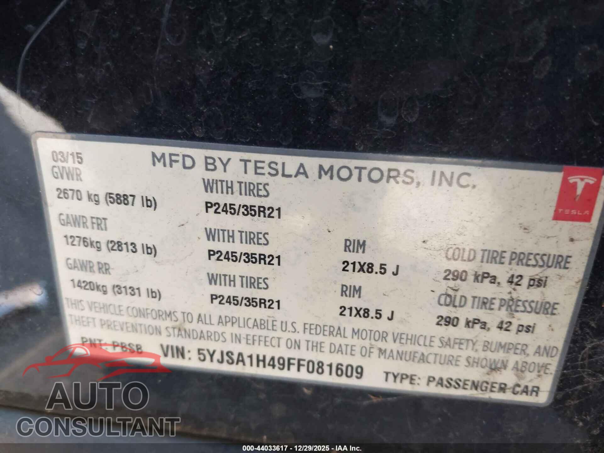 TESLA MODEL S 2015 - 5YJSA1H49FF081609