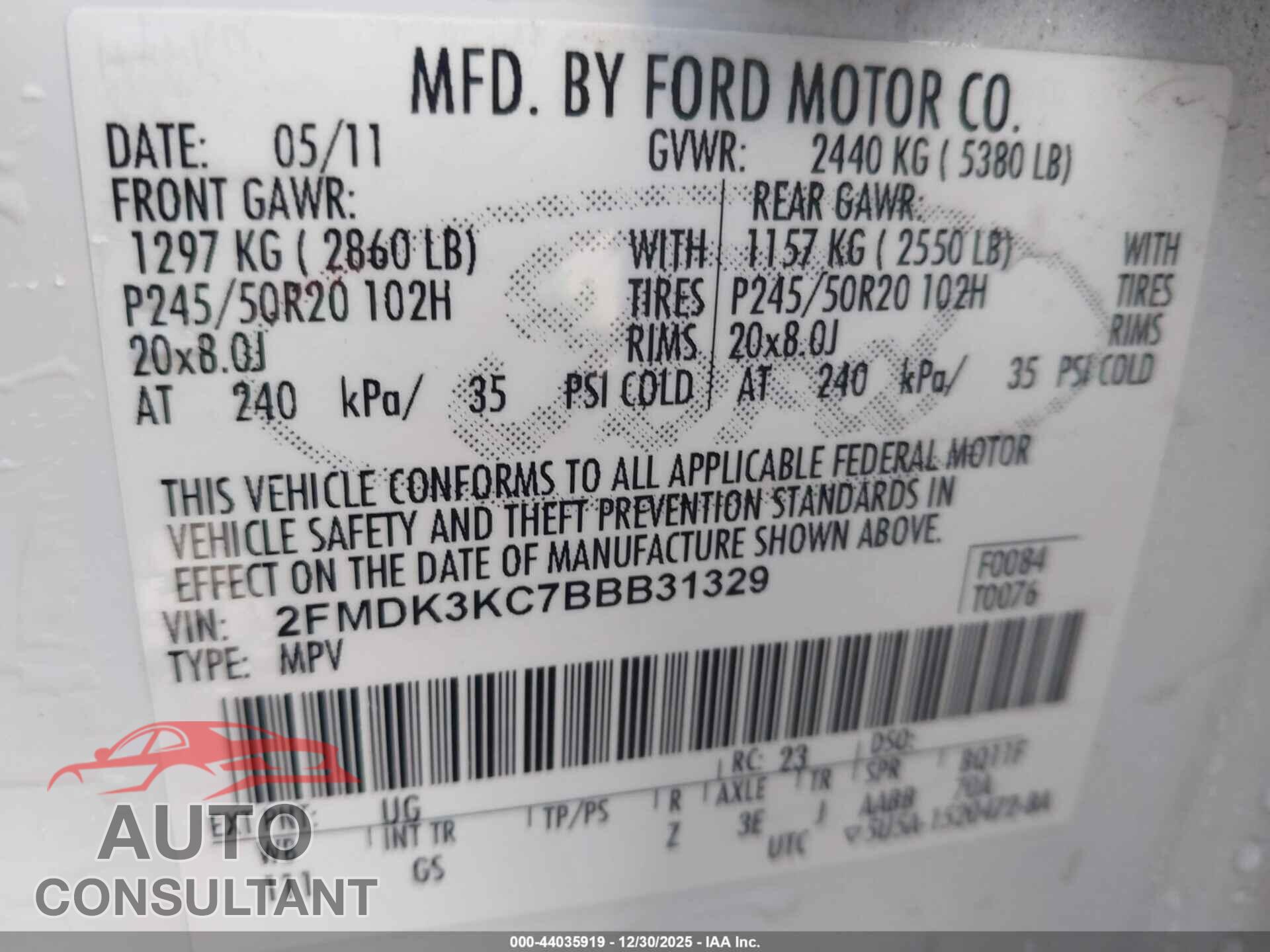 FORD EDGE 2011 - 2FMDK3KC7BBB31329