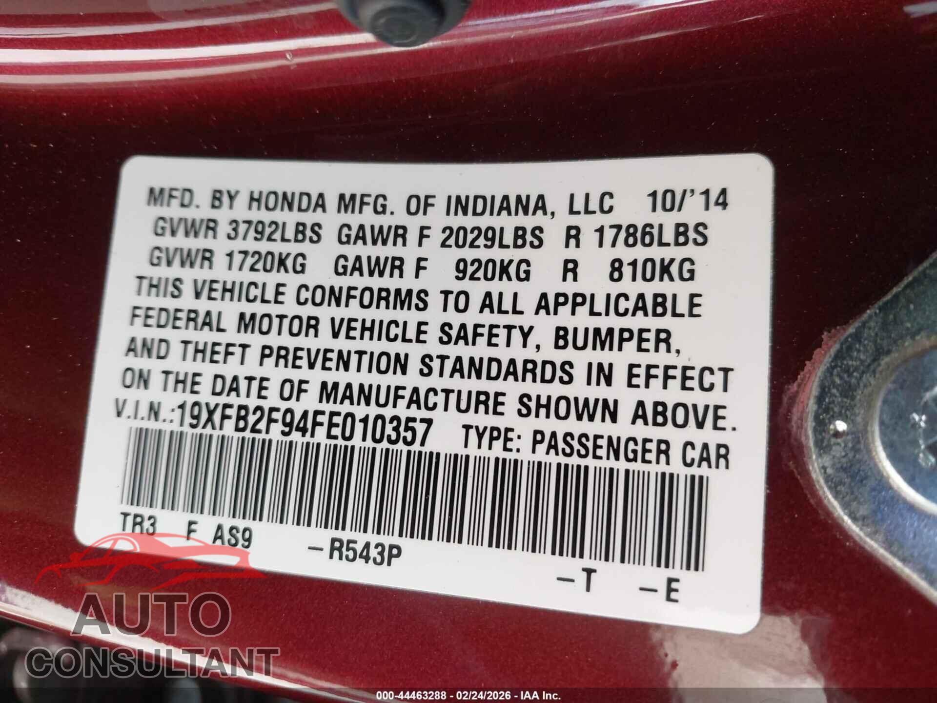 HONDA CIVIC 2015 - 19XFB2F94FE010357