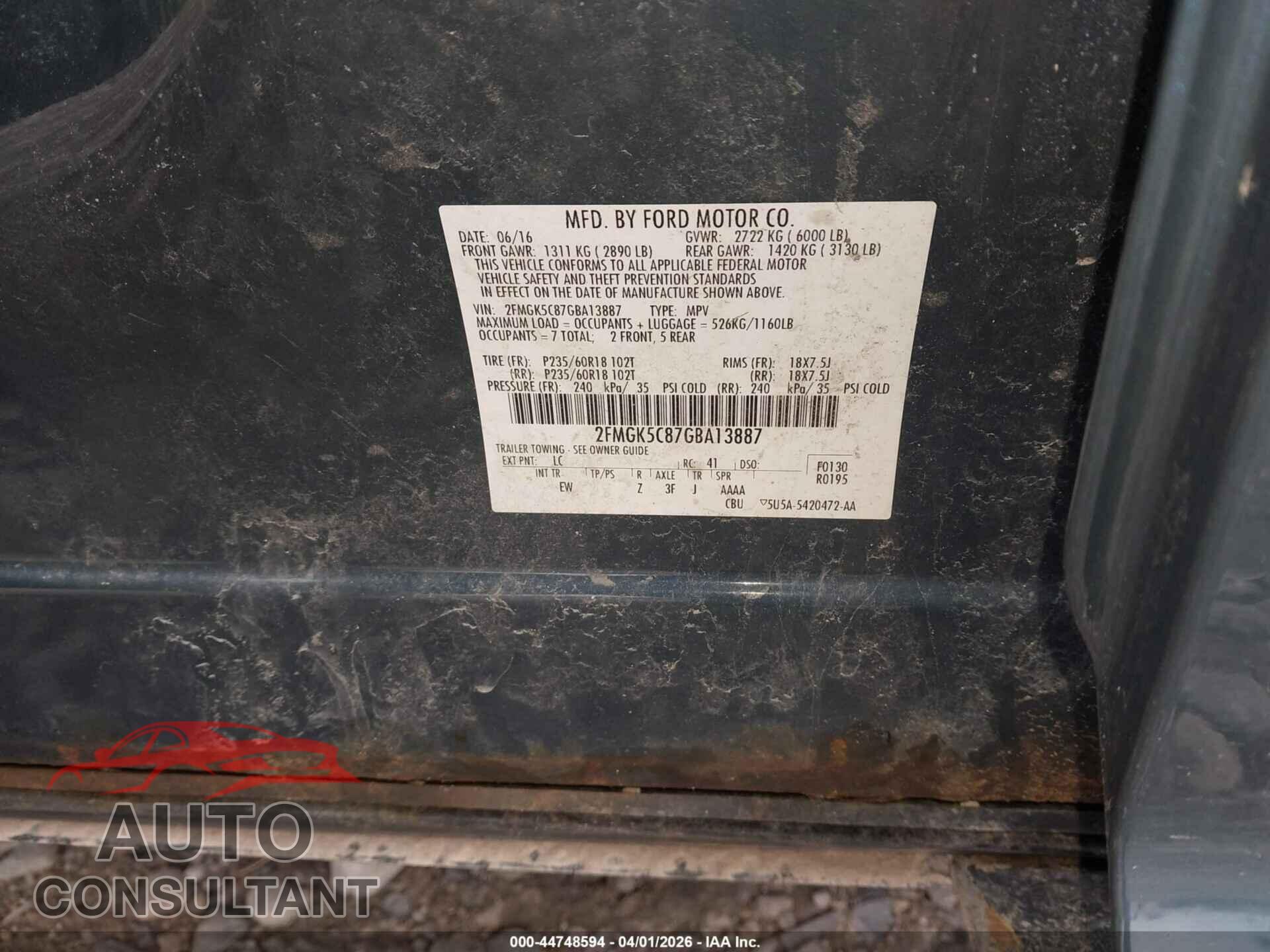 FORD FLEX 2016 - 2FMGK5C87GBA13887