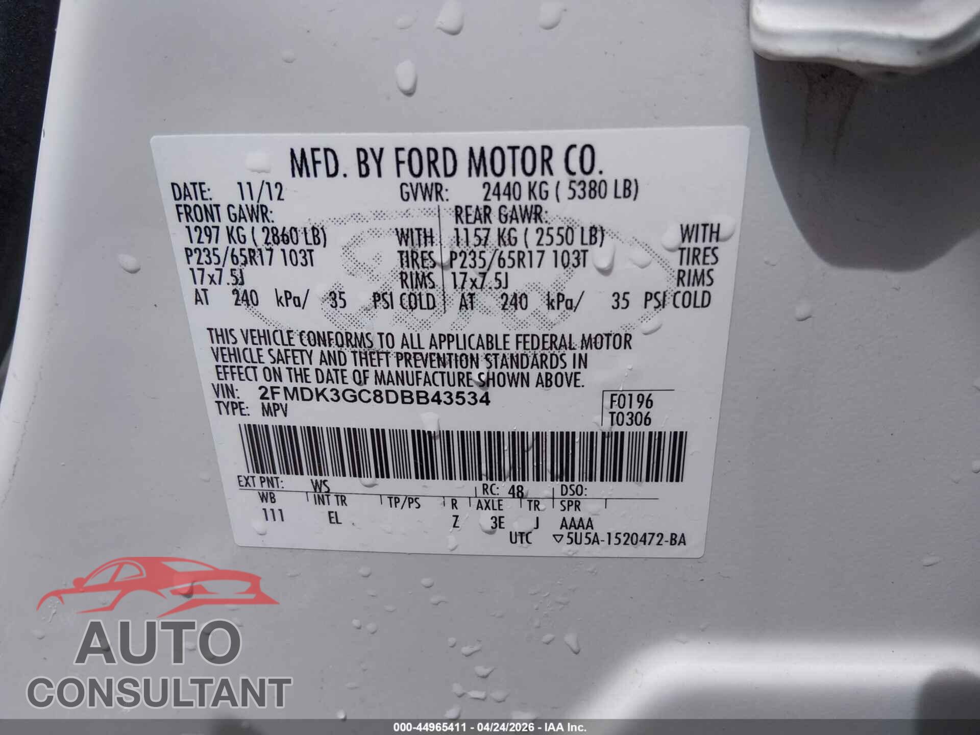 FORD EDGE 2013 - 2FMDK3GC8DBB43534