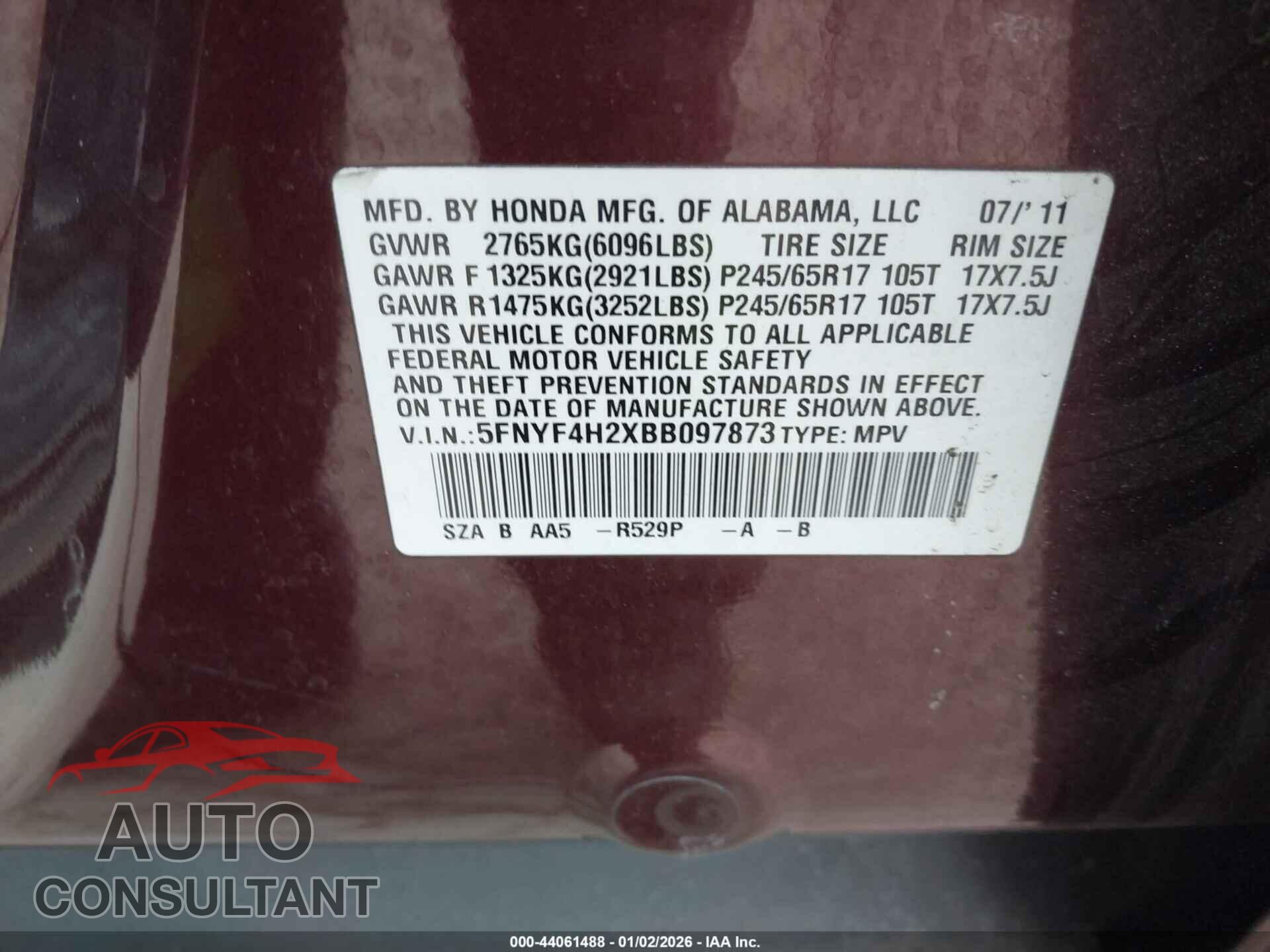 HONDA PILOT 2011 - 5FNYF4H2XBB097873
