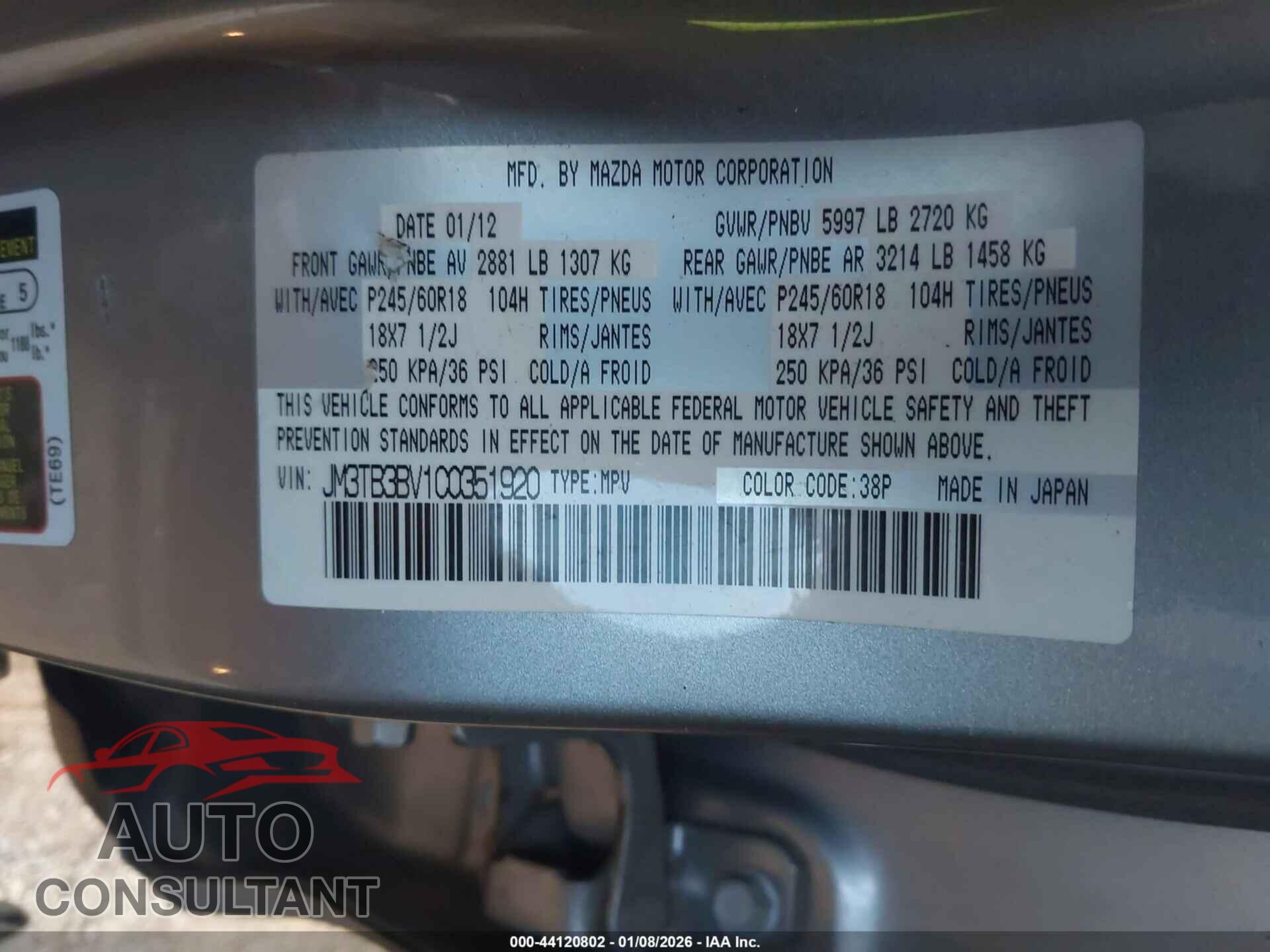 MAZDA CX-9 2012 - JM3TB3BV1C0351920