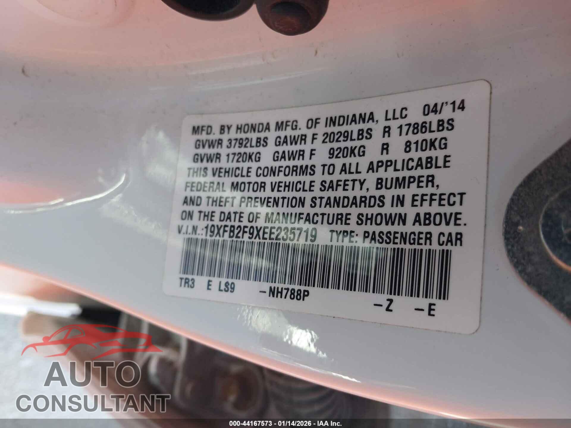 HONDA CIVIC 2014 - 19XFB2F9XEE235719