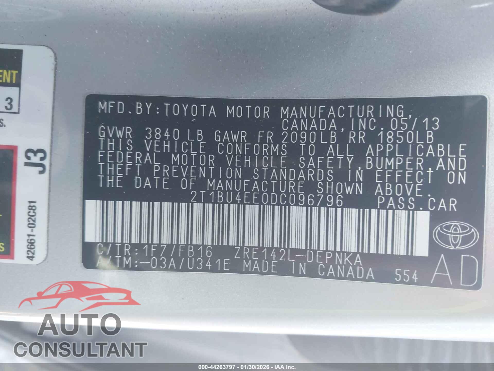 TOYOTA COROLLA 2013 - 2T1BU4EE0DC096796