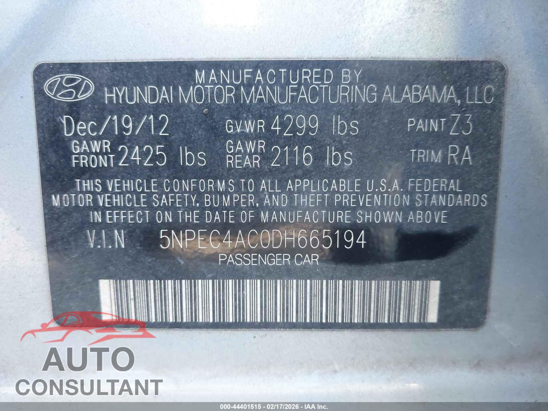 HYUNDAI SONATA 2013 - 5NPEC4AC0DH665194