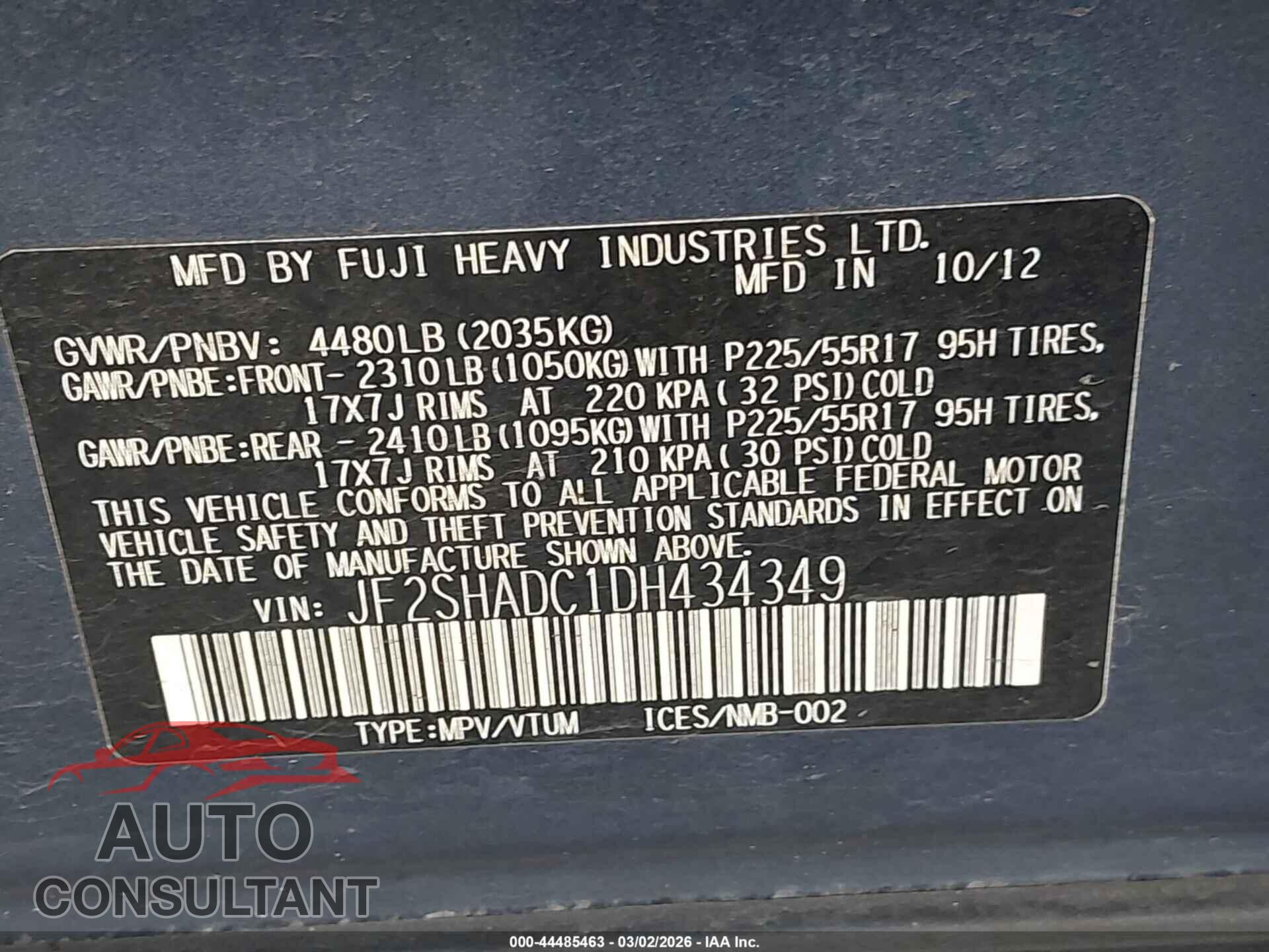SUBARU FORESTER 2013 - JF2SHADC1DH434349