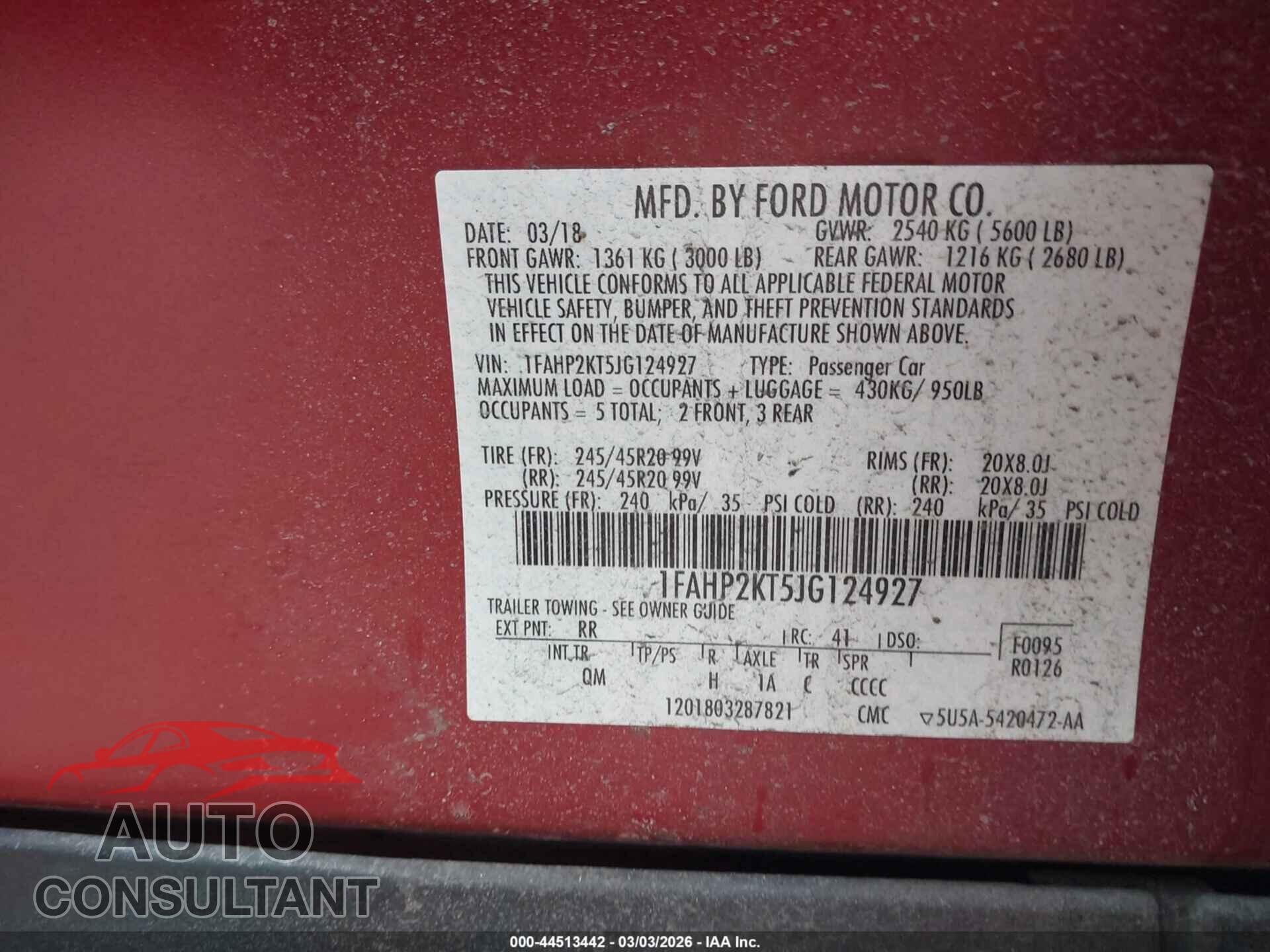 FORD TAURUS 2018 - 1FAHP2KT5JG124927