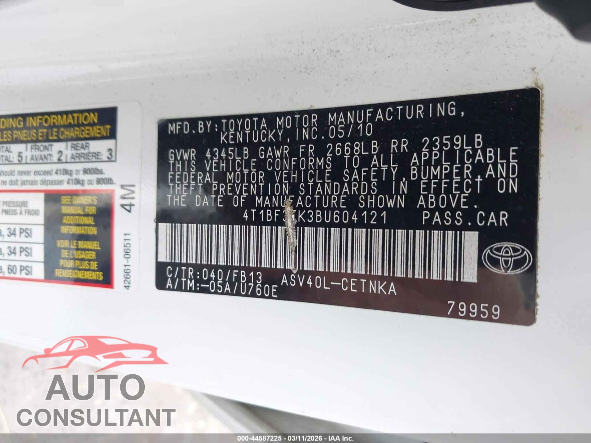 TOYOTA CAMRY 2011 - 4T1BF3EK3BU604121