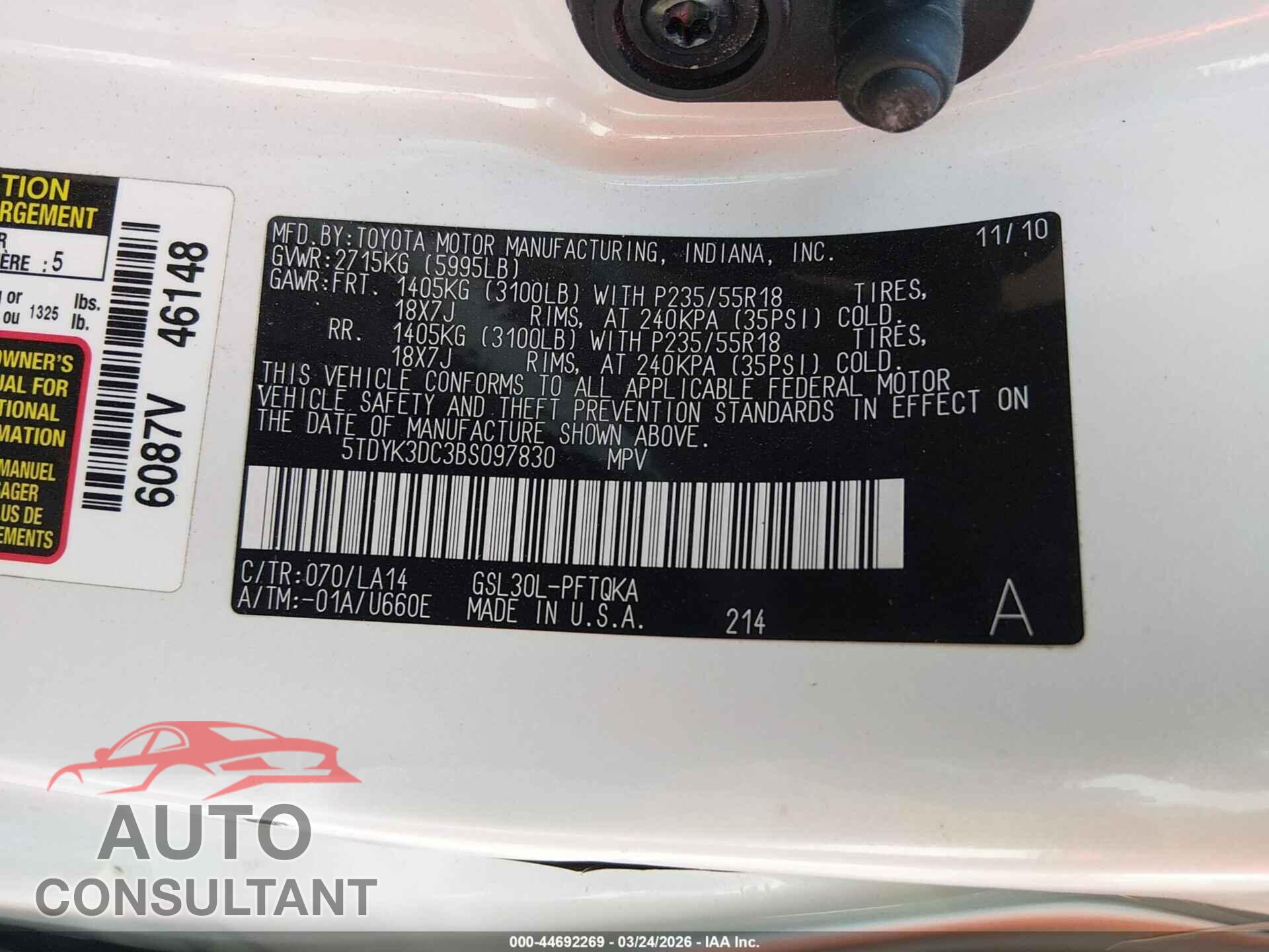 TOYOTA SIENNA 2011 - 5TDYK3DC3BS097830