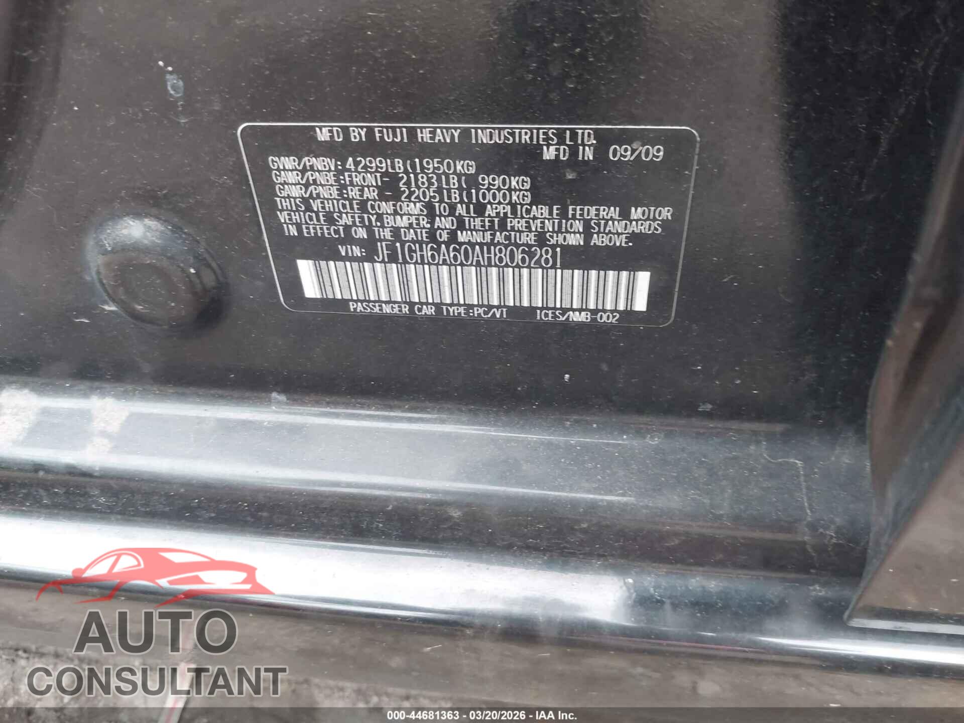 SUBARU IMPREZA 2010 - JF1GH6A60AH806281