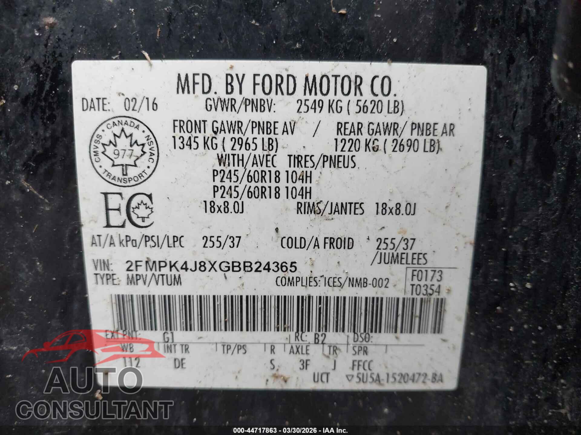 FORD EDGE 2016 - 2FMPK4J8XGBB24365