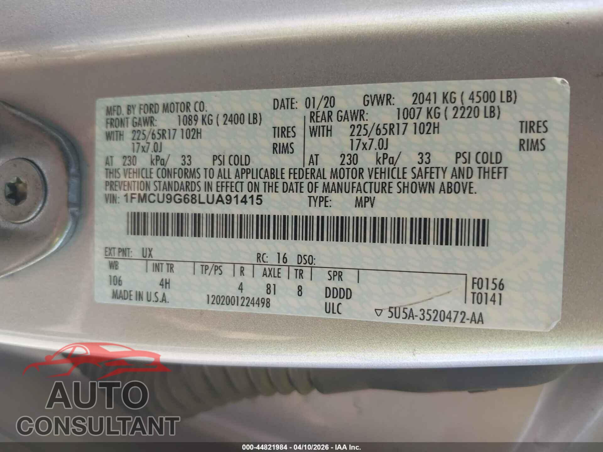 FORD ESCAPE 2020 - 1FMCU9G68LUA91415
