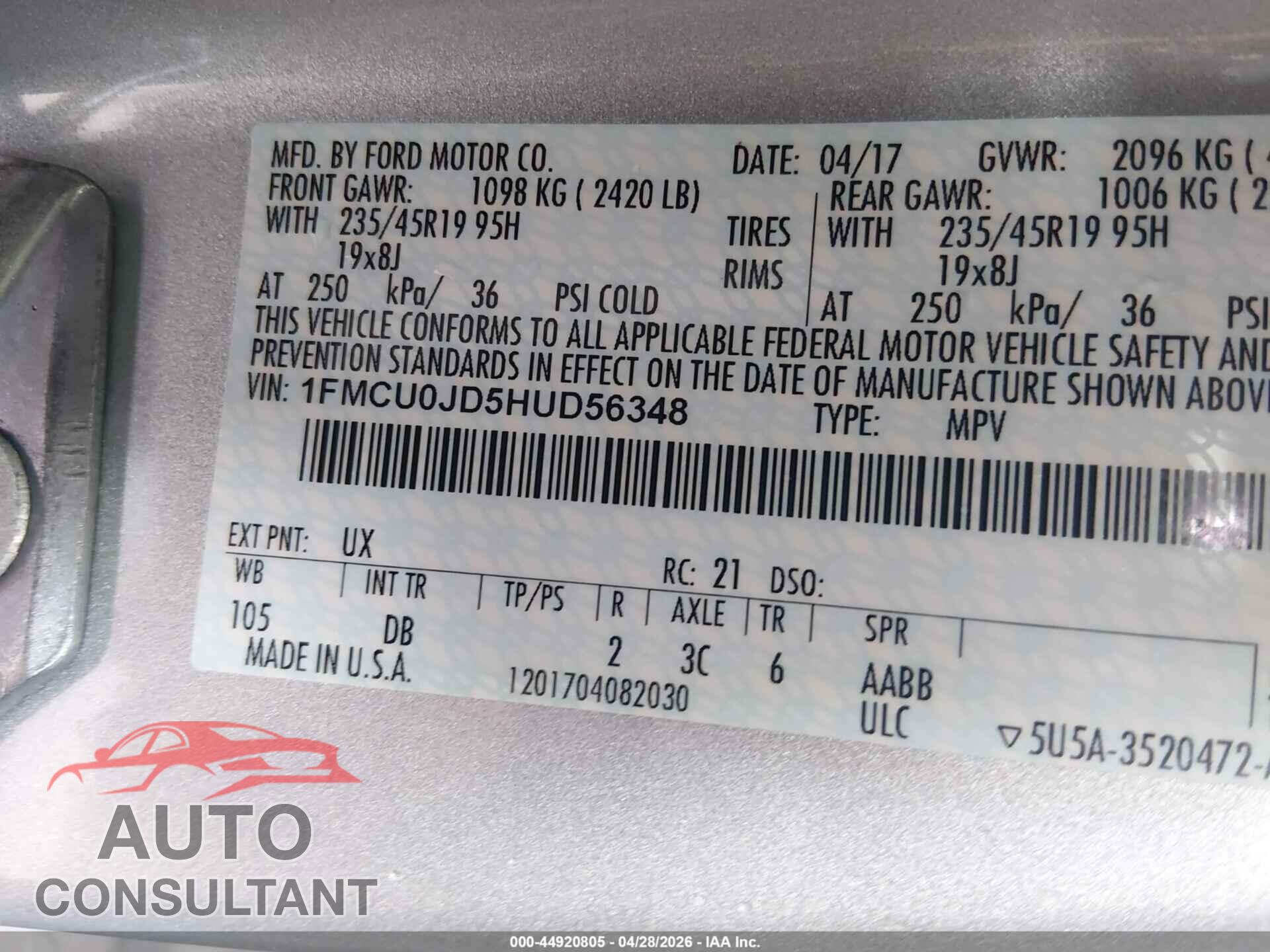 FORD ESCAPE 2017 - 1FMCU0JD5HUD56348