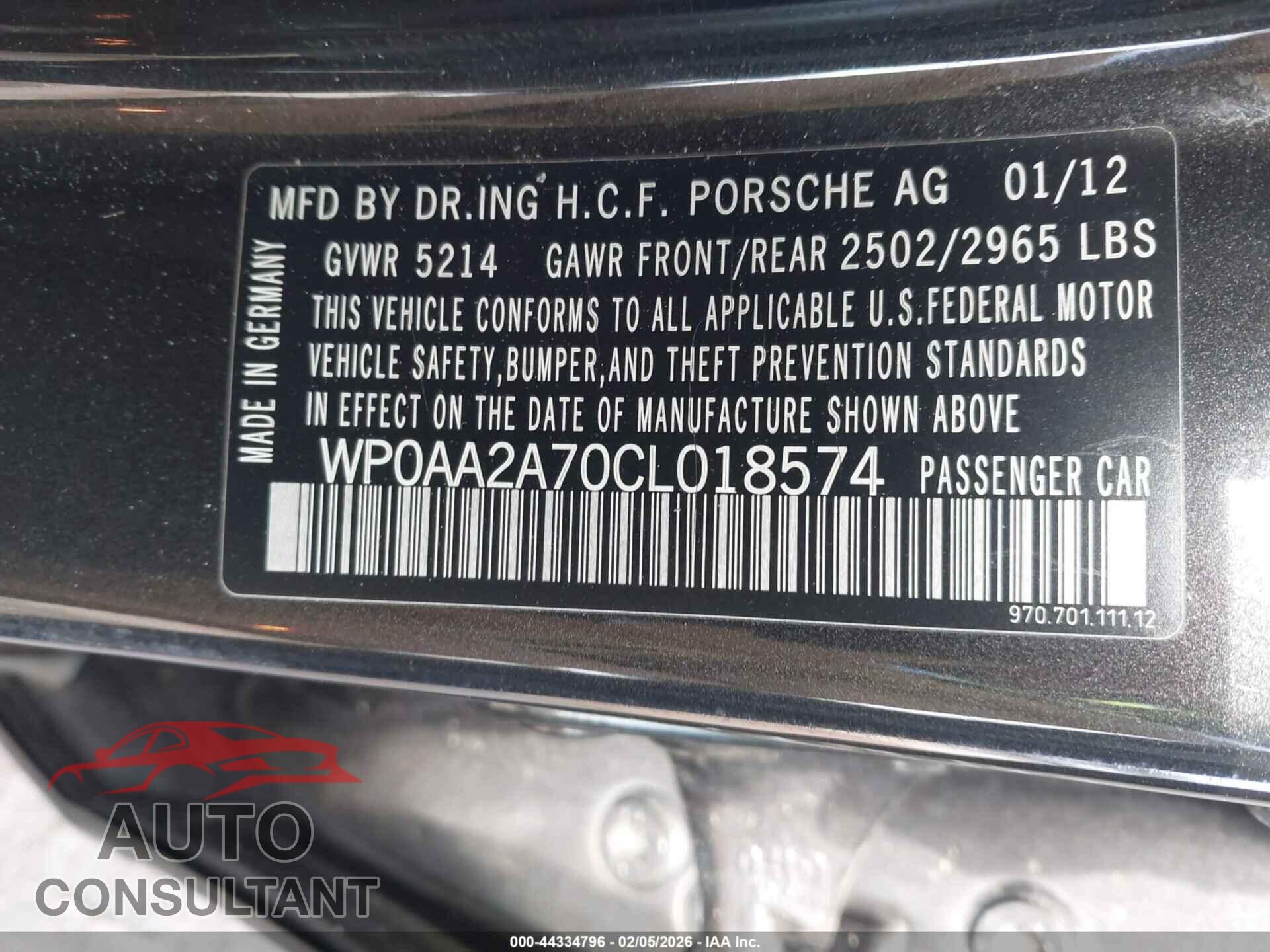 PORSCHE PANAMERA 2012 - WP0AA2A70CL018574