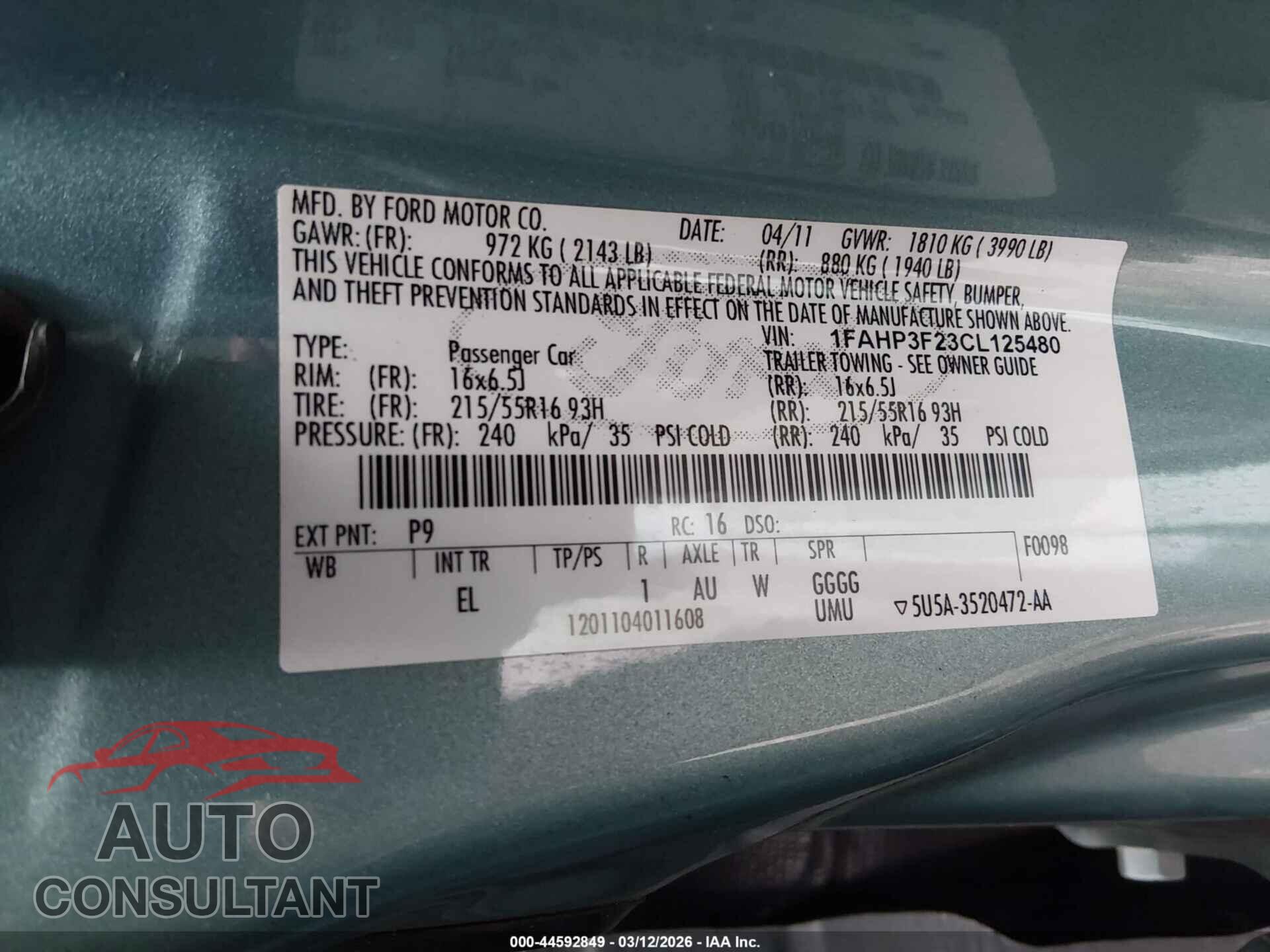 FORD FOCUS 2012 - 1FAHP3F23CL125480