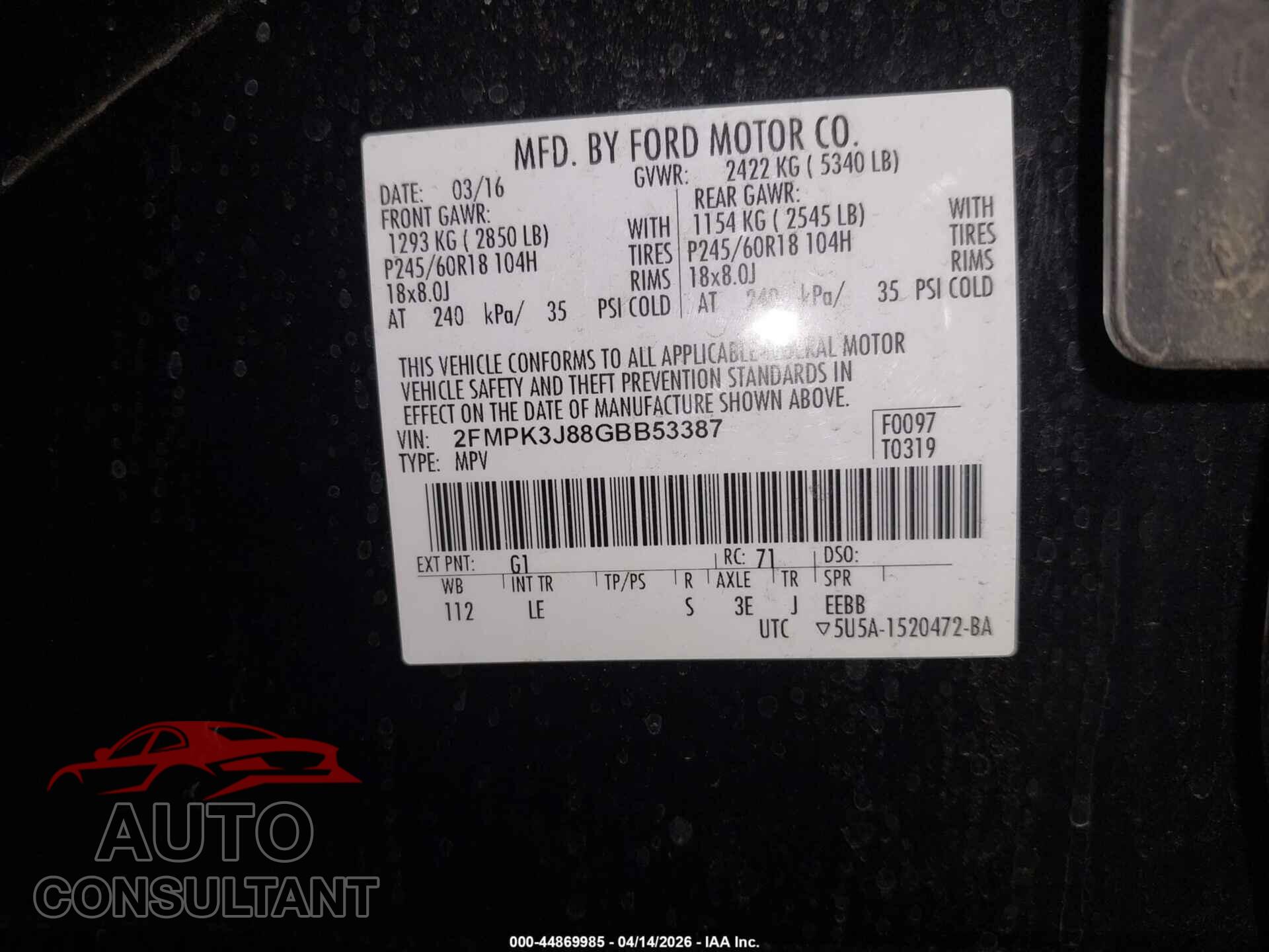 FORD EDGE 2016 - 2FMPK3J88GBB53387