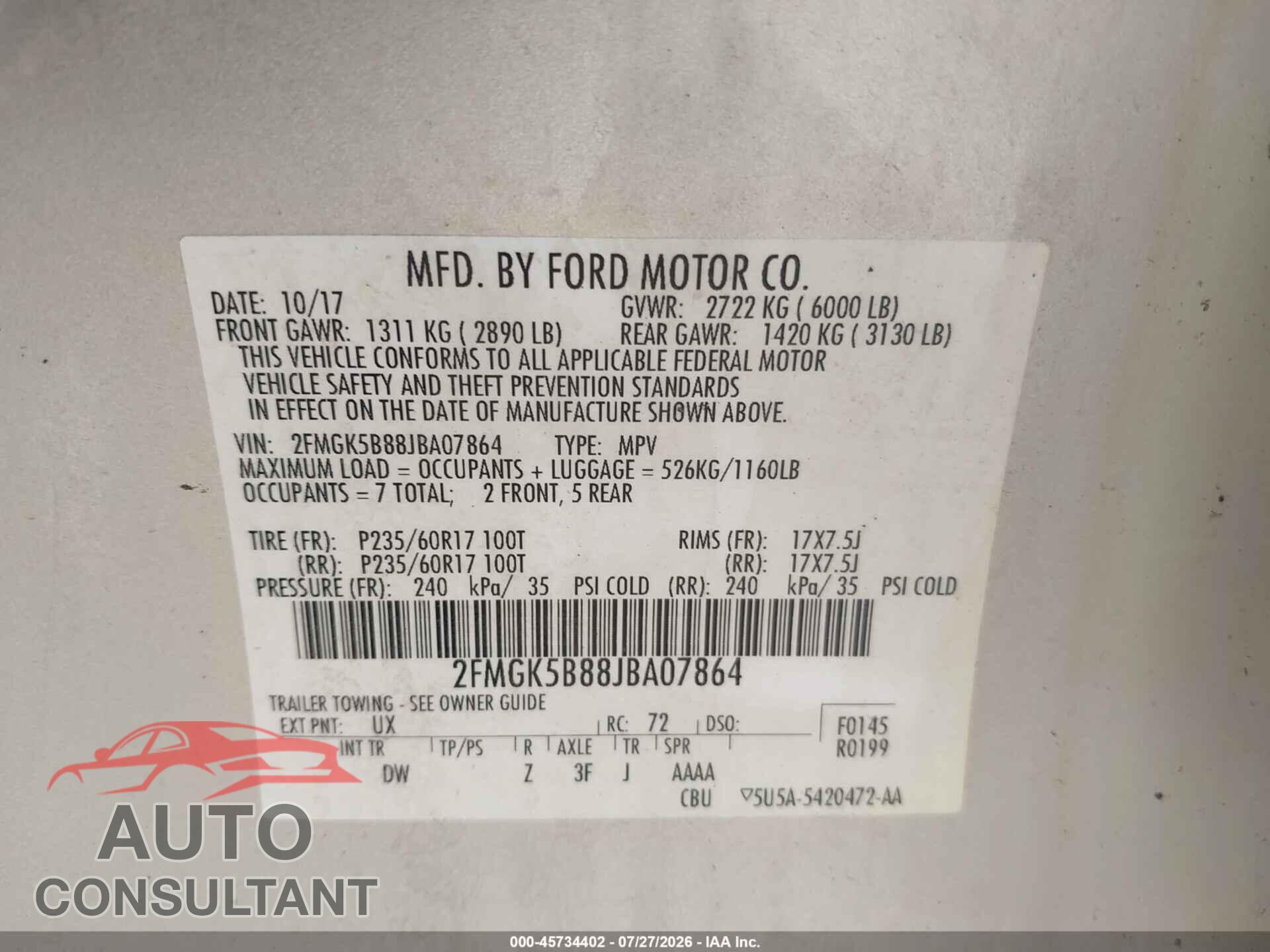 FORD FLEX 2018 - 2FMGK5B88JBA07864