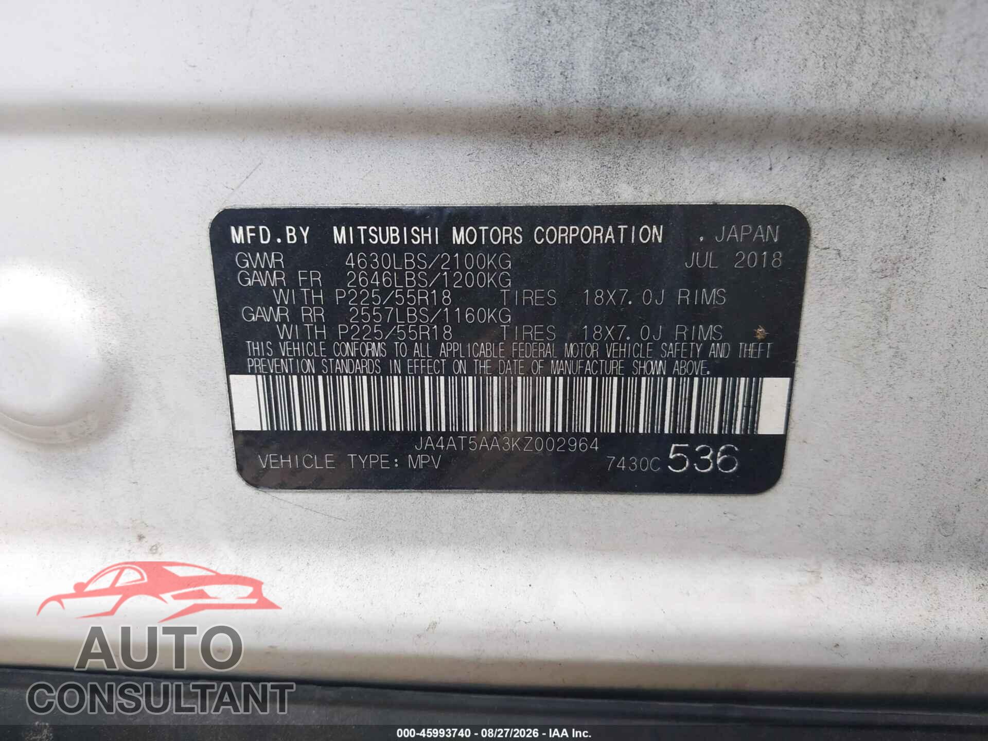 MITSUBISHI ECLIPSE CROSS 2019 - JA4AT5AA3KZ002964
