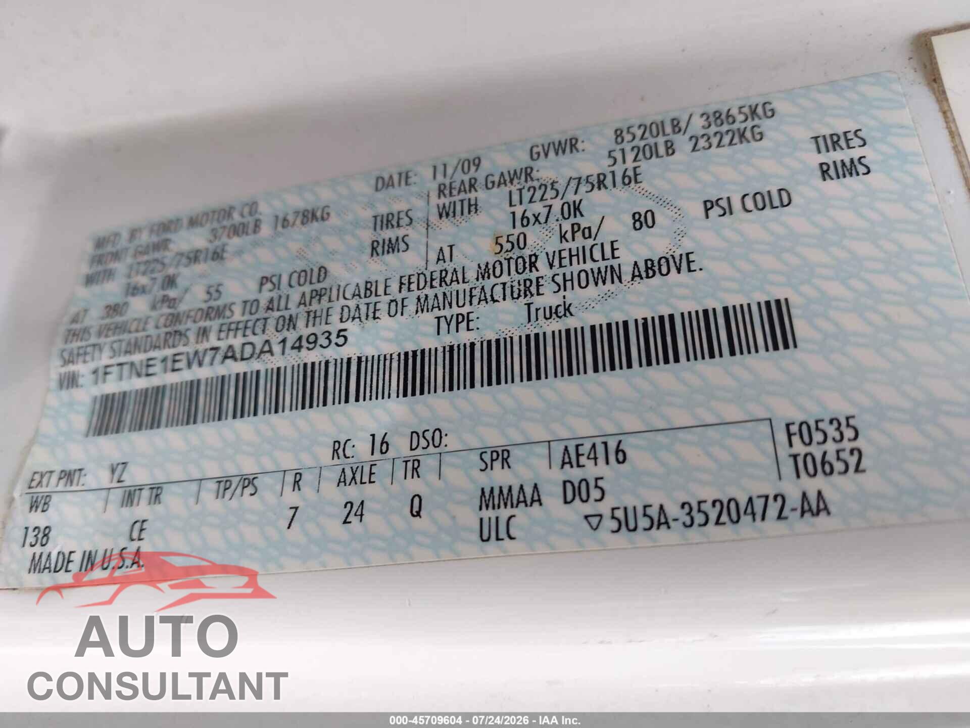 FORD E-150 2010 - 1FTNE1EW7ADA14935