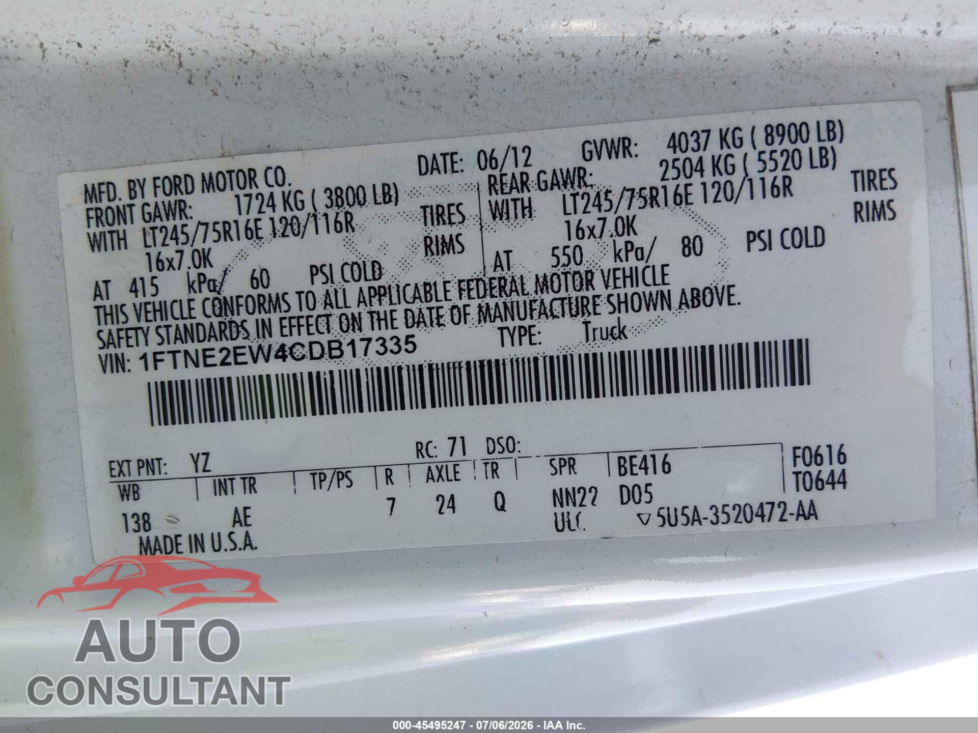 FORD E-250 2012 - 1FTNE2EW4CDB17335