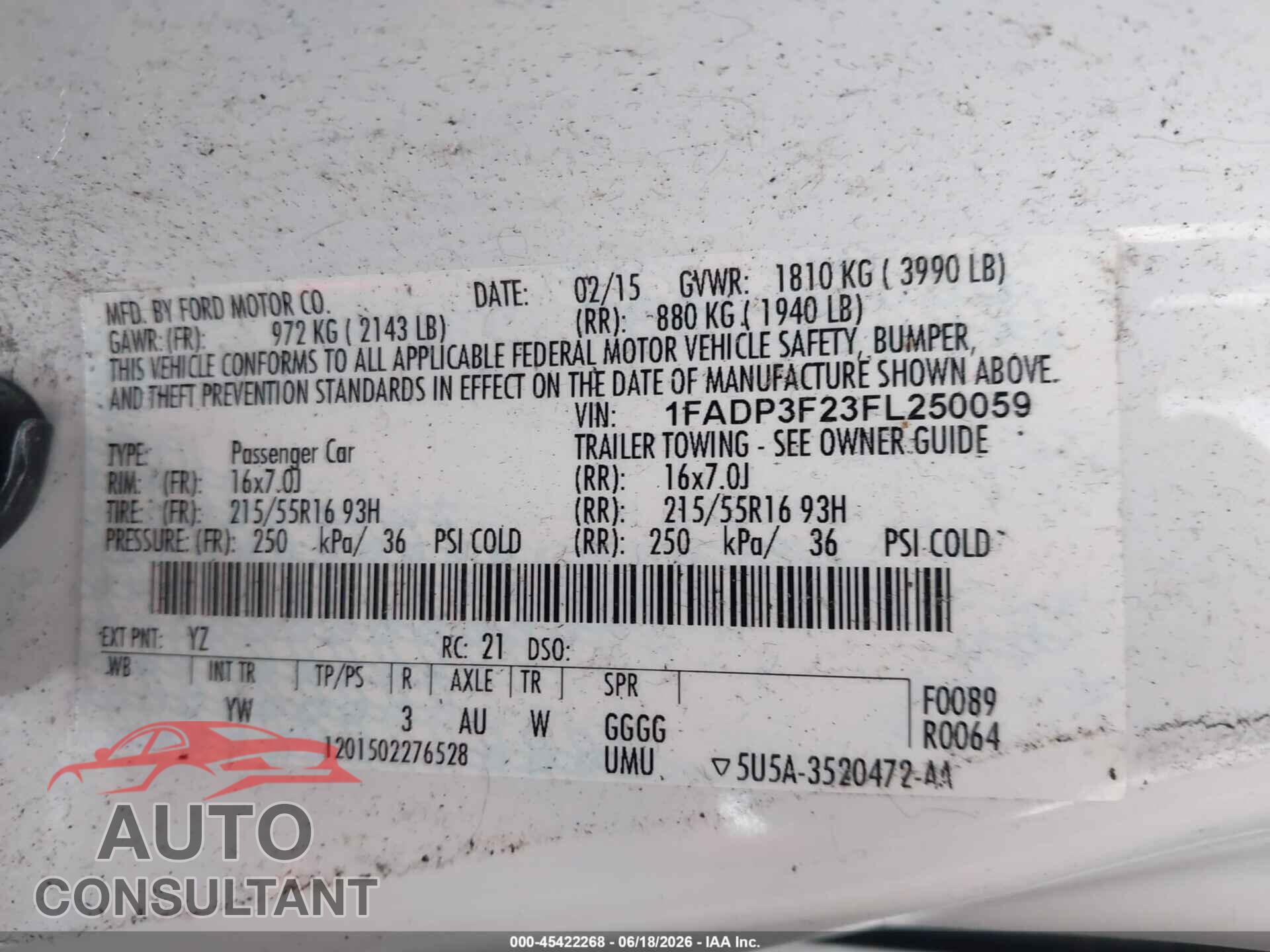 FORD FOCUS 2015 - 1FADP3F23FL250059