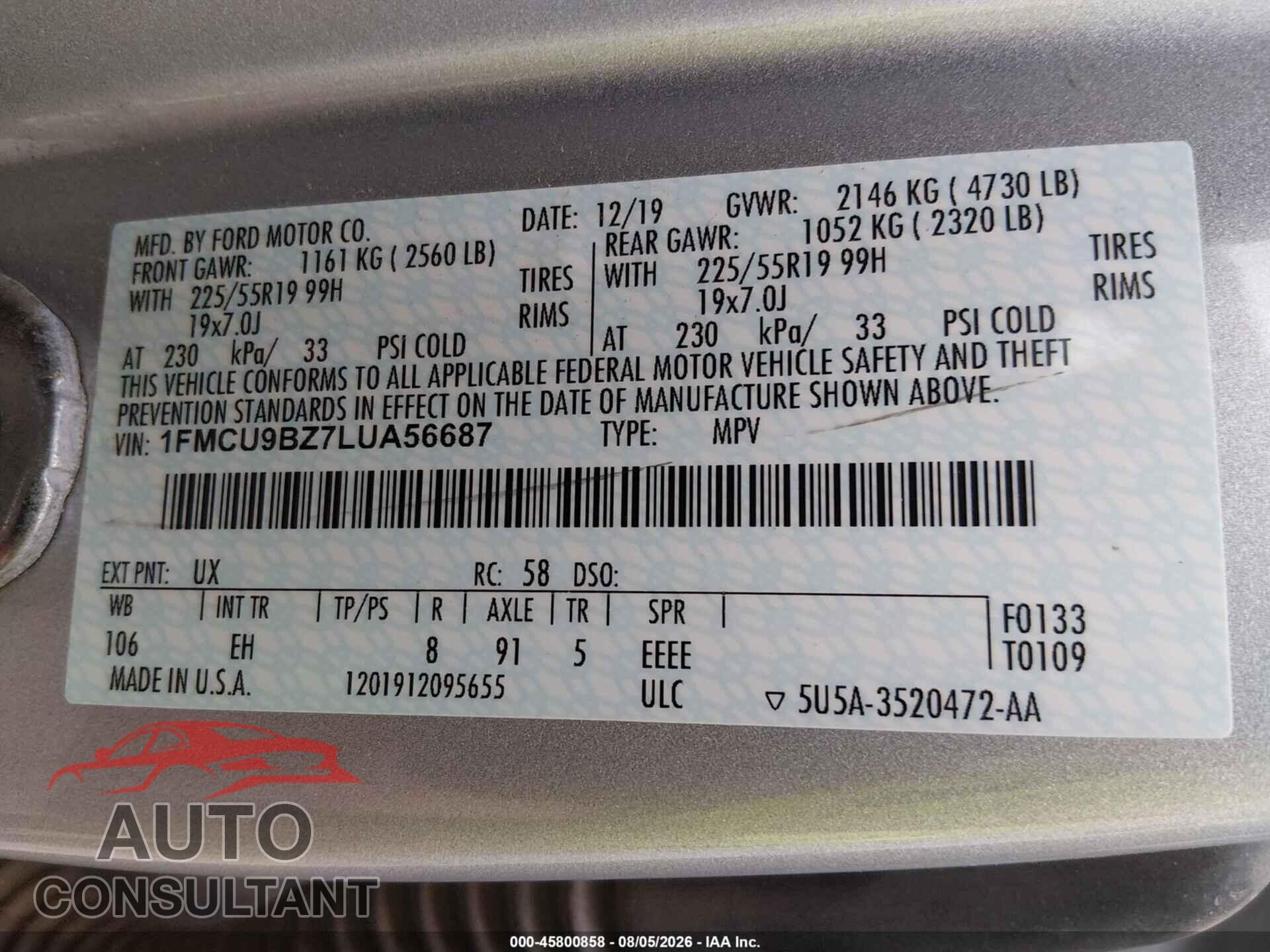 FORD ESCAPE 2020 - 1FMCU9BZ7LUA56687
