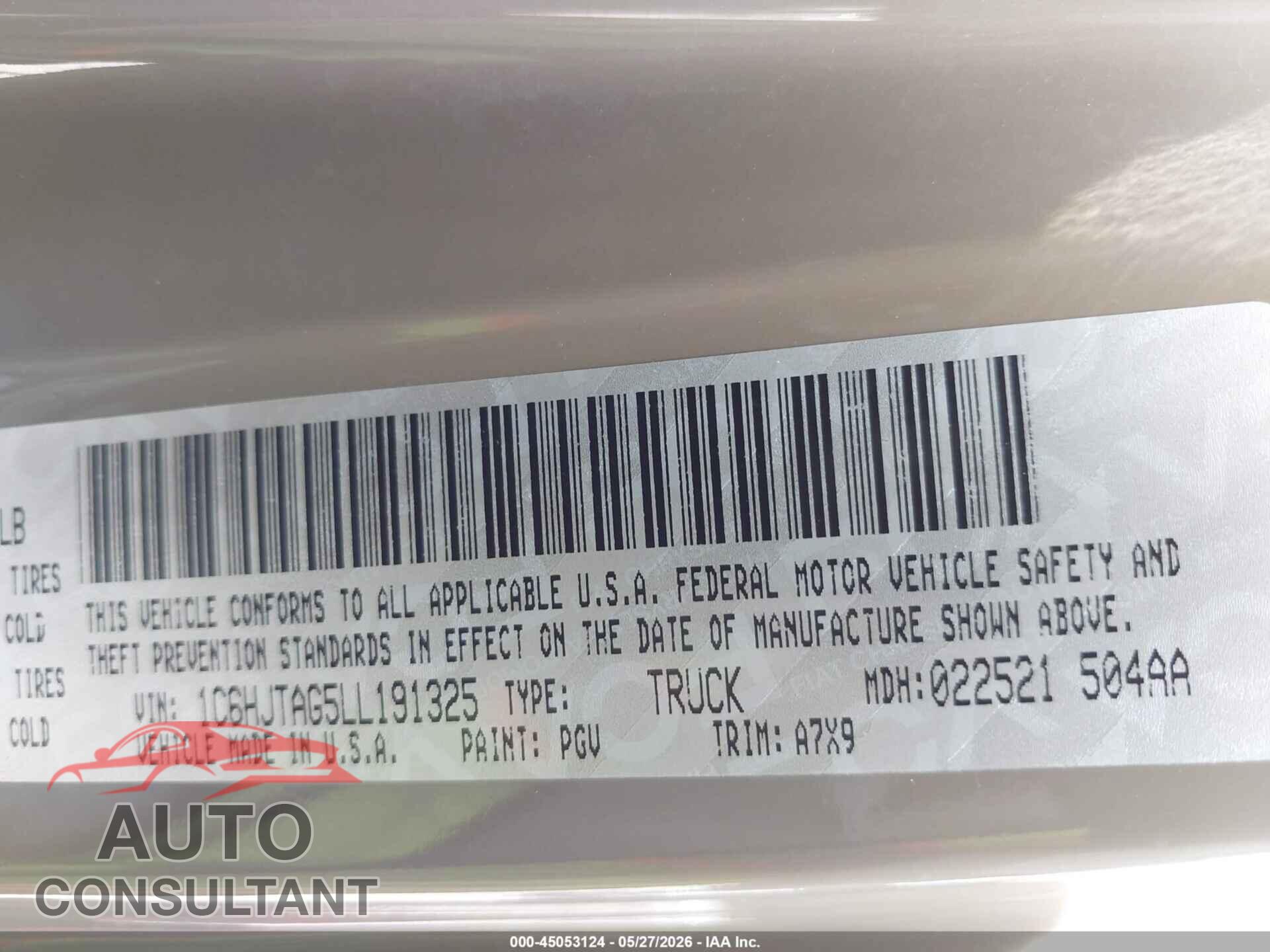 JEEP GLADIATOR 2020 - 1C6HJTAG5LL191325