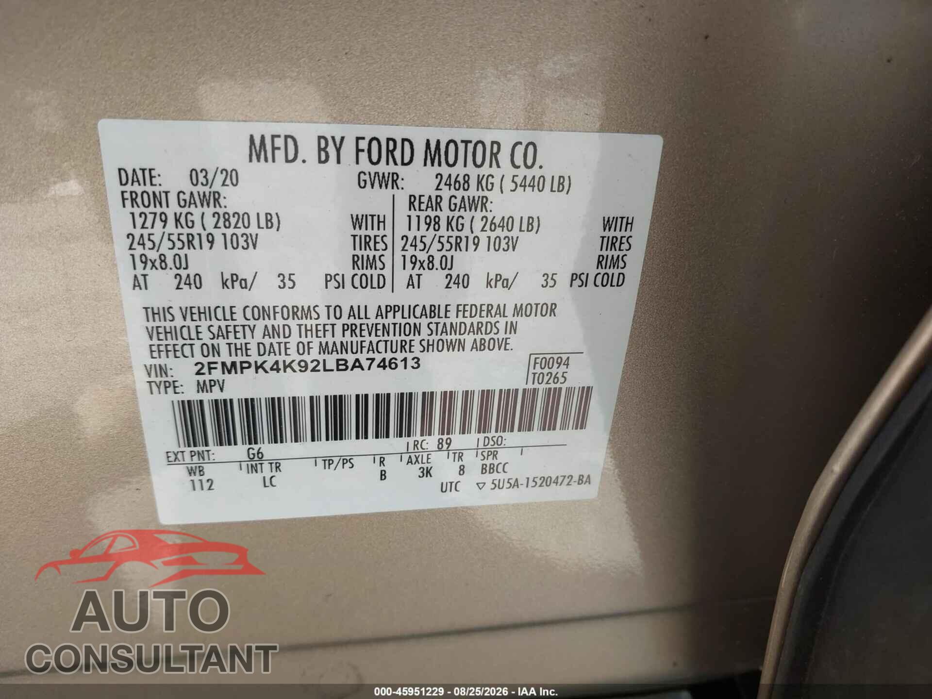 FORD EDGE 2020 - 2FMPK4K92LBA74613