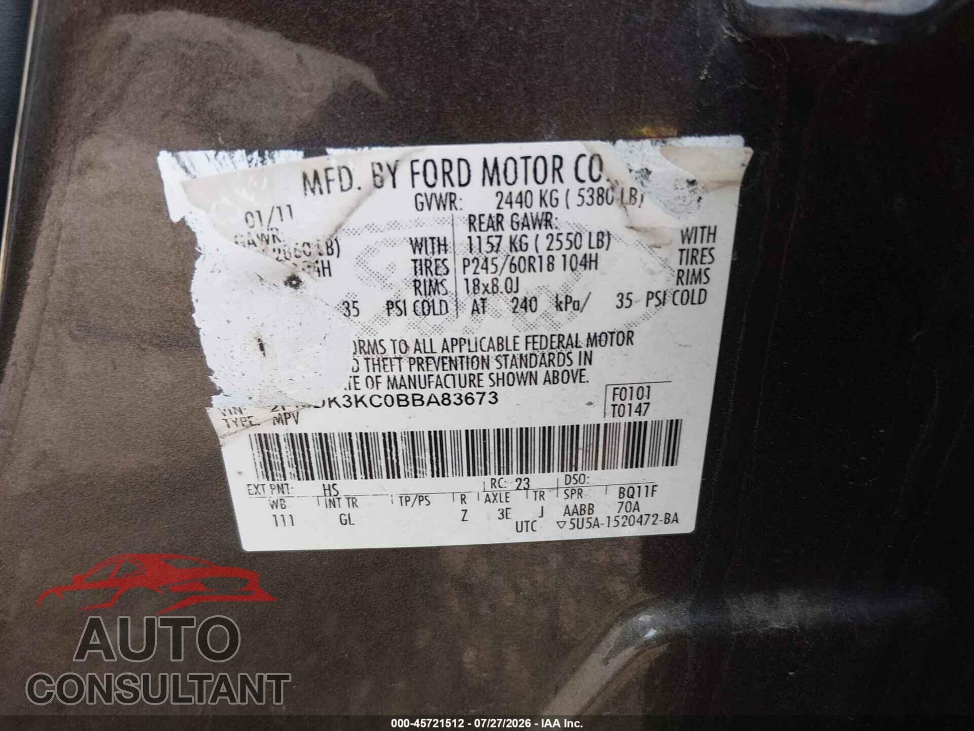 FORD EDGE 2011 - 2FMDK3KC0BBA83673