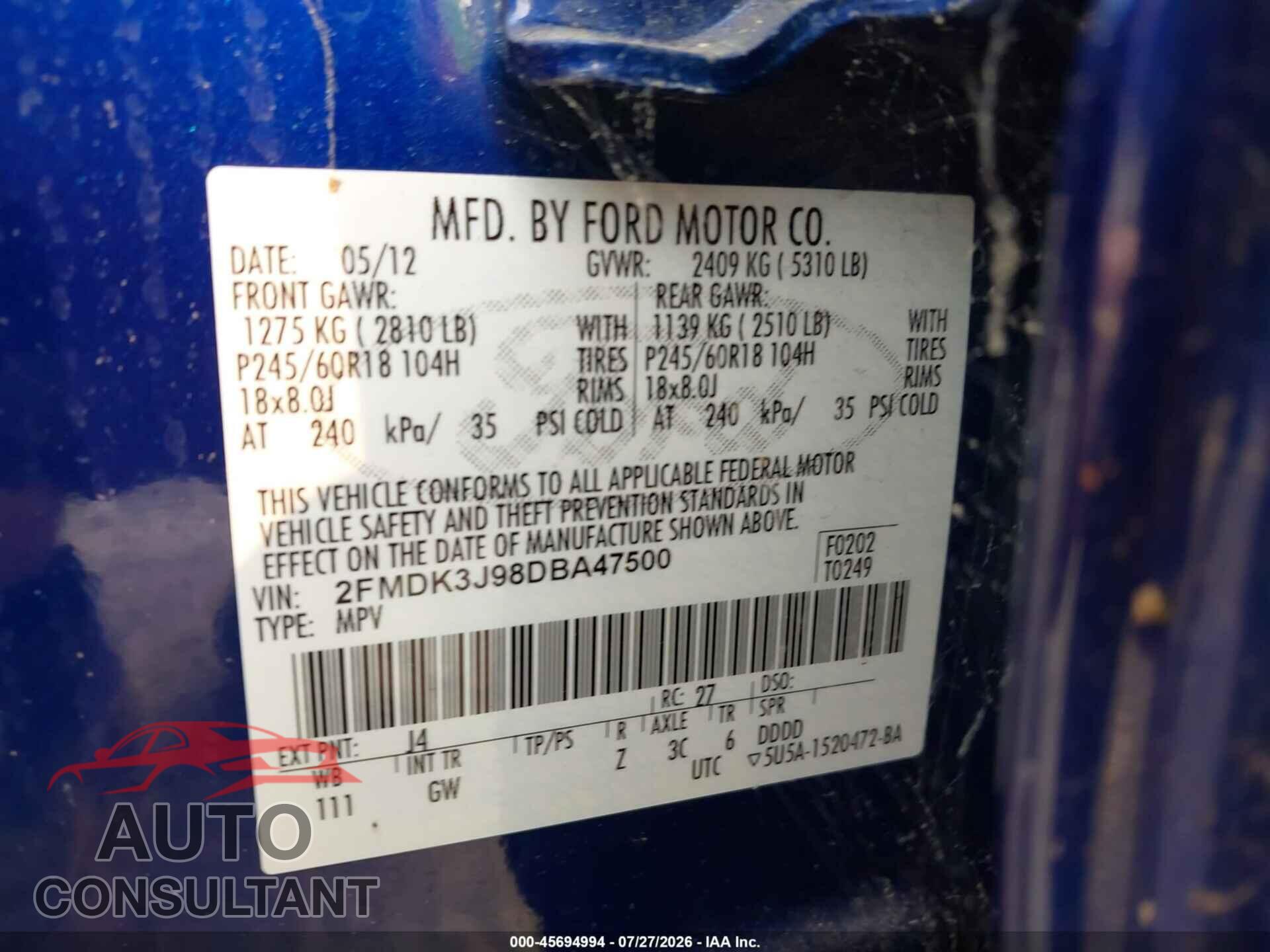FORD EDGE 2013 - 2FMDK3J98DBA47500