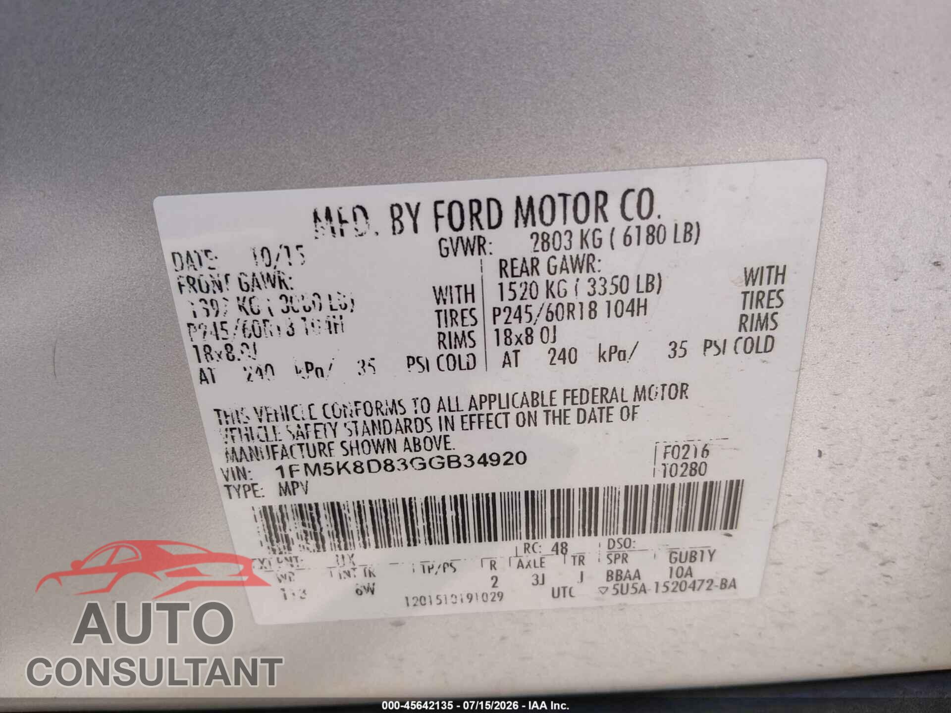 FORD EXPLORER 2016 - 1FM5K8D83GGB34920