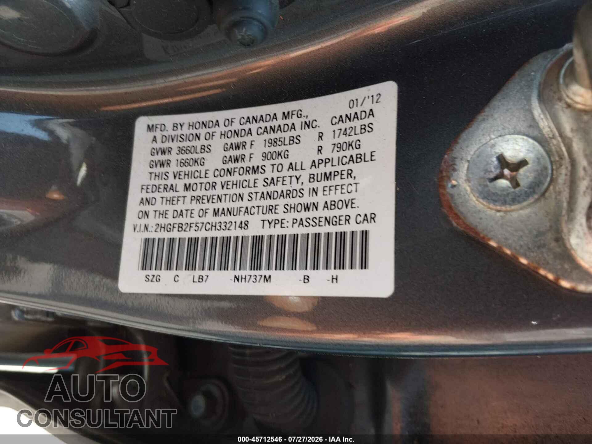 HONDA CIVIC 2012 - 2HGFB2F57CH332148