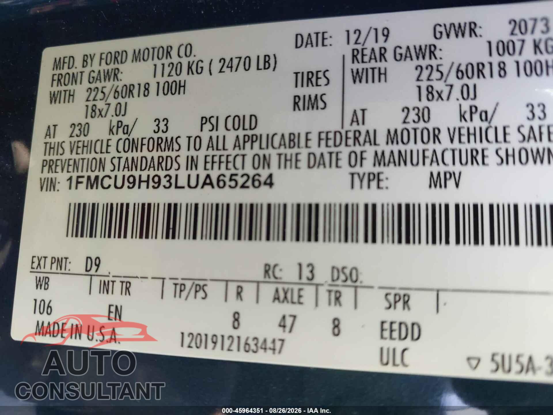 FORD ESCAPE 2020 - 1FMCU9H93LUA65264