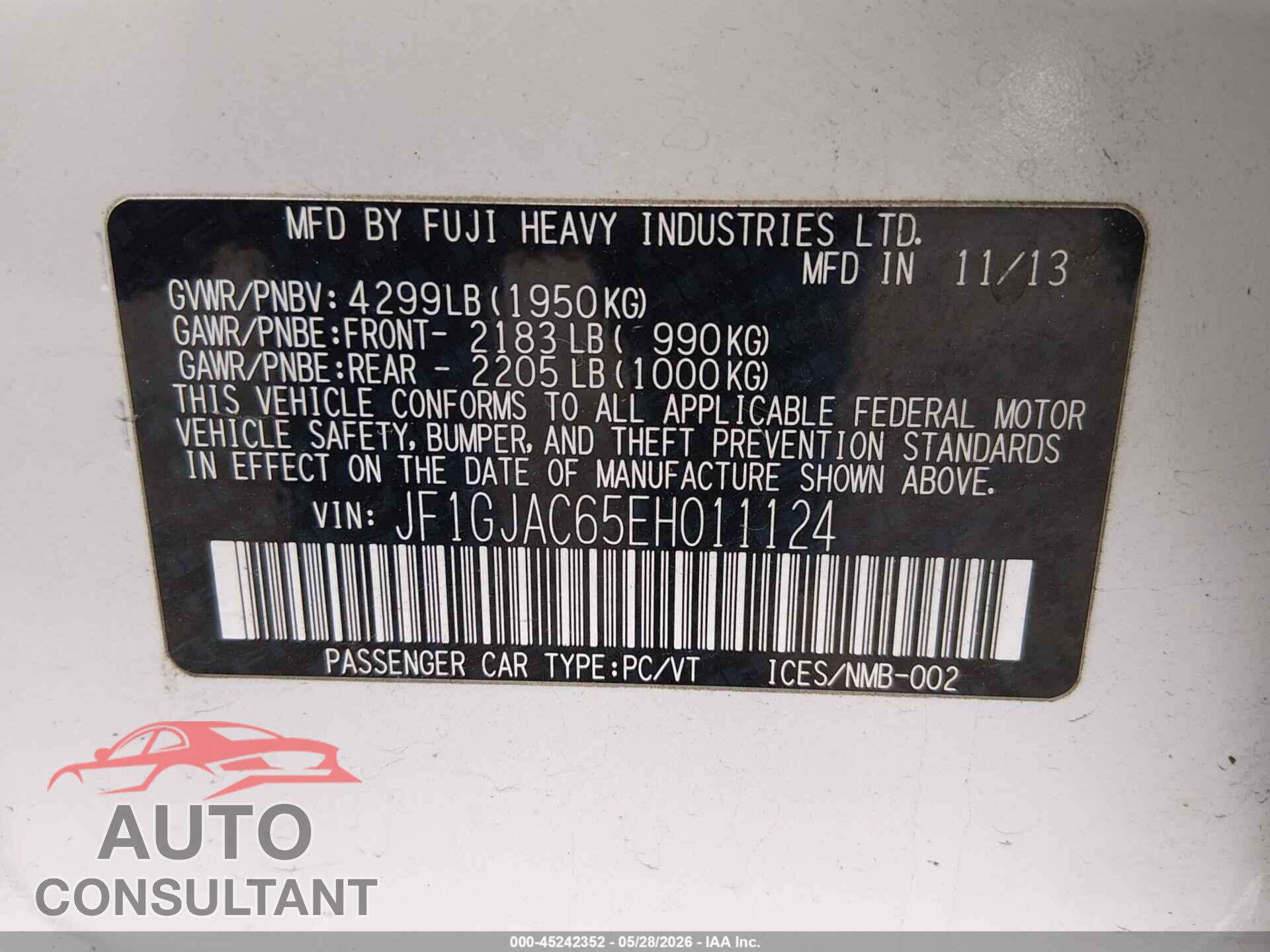 SUBARU IMPREZA 2014 - JF1GJAC65EH011124