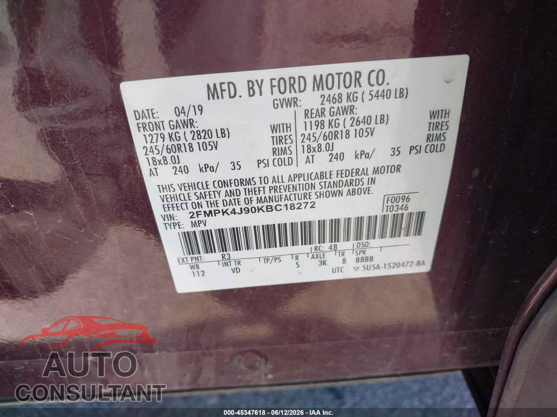 FORD EDGE 2019 - 2FMPK4J90KBC18272