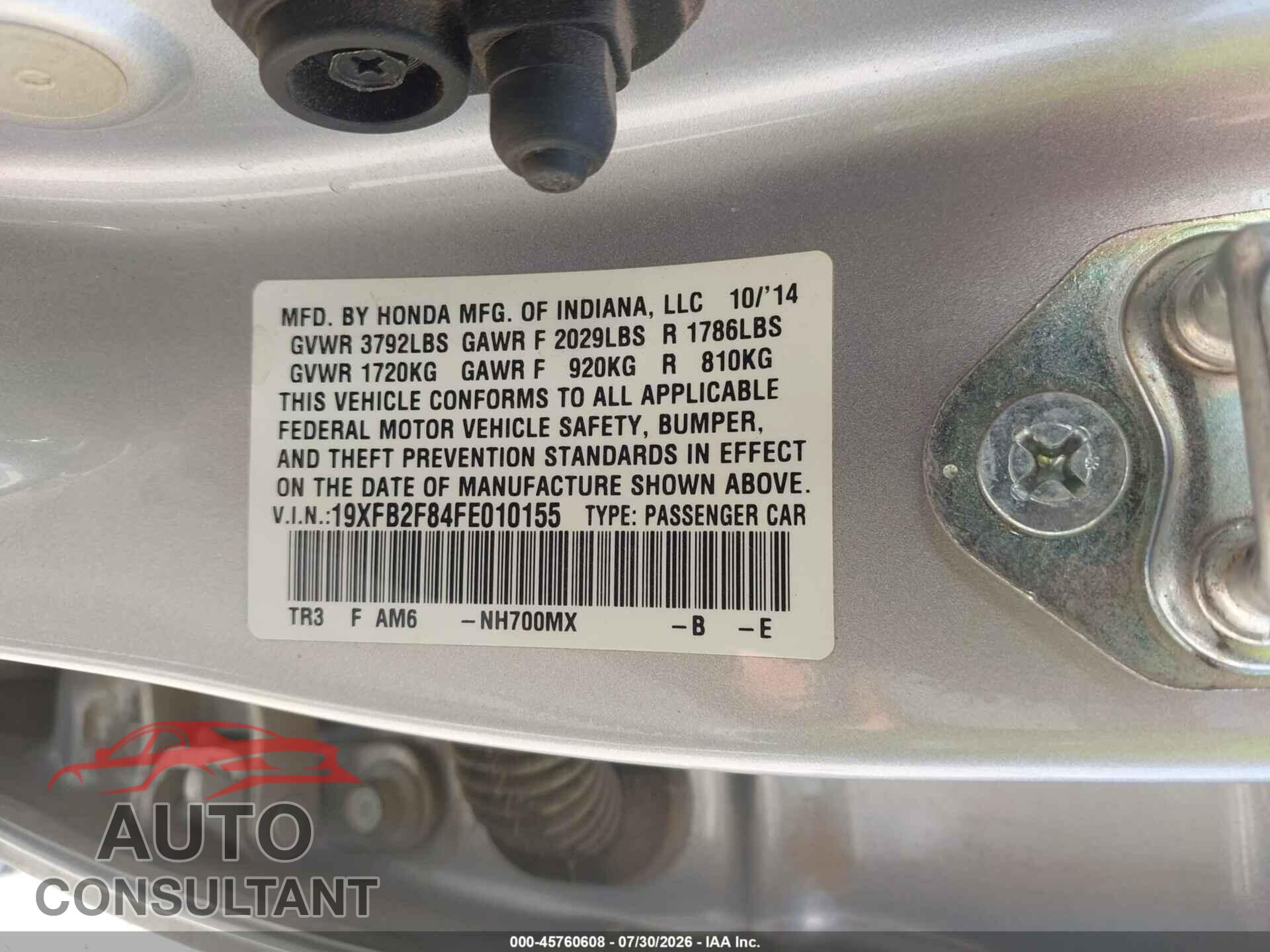 HONDA CIVIC 2015 - 19XFB2F84FE010155