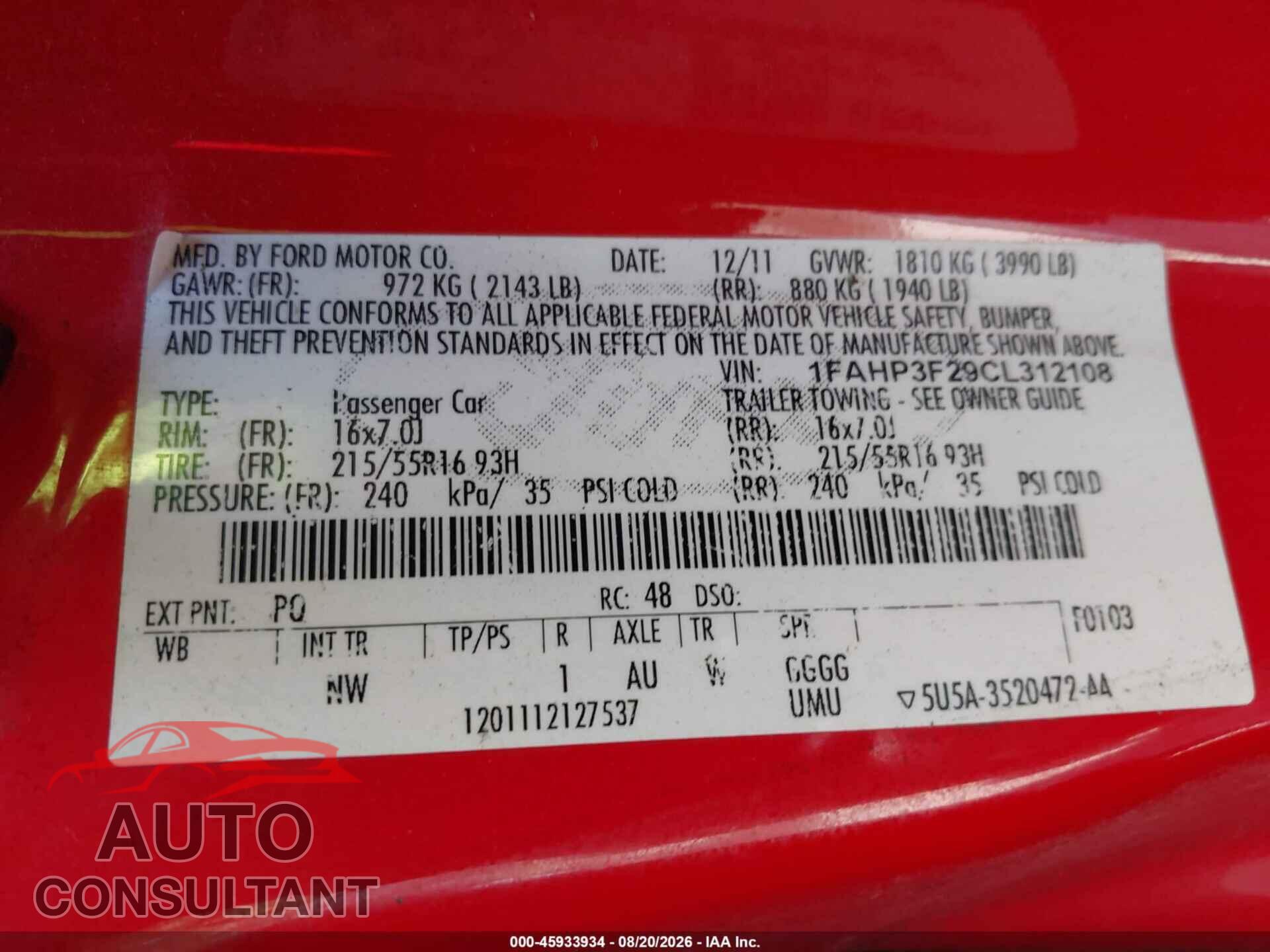 FORD FOCUS 2012 - 1FAHP3F29CL312108