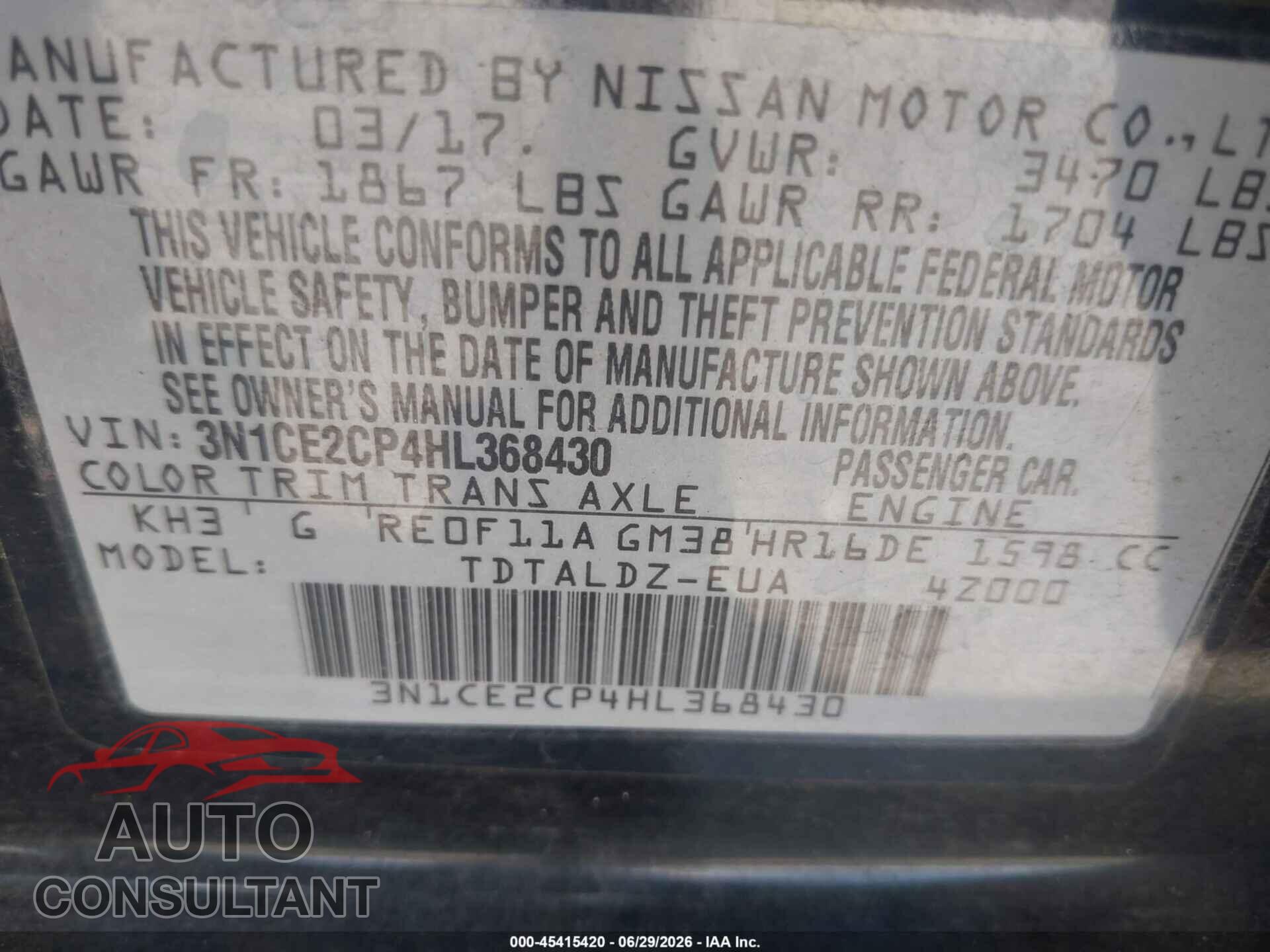 NISSAN VERSA NOTE 2017 - 3N1CE2CP4HL368430