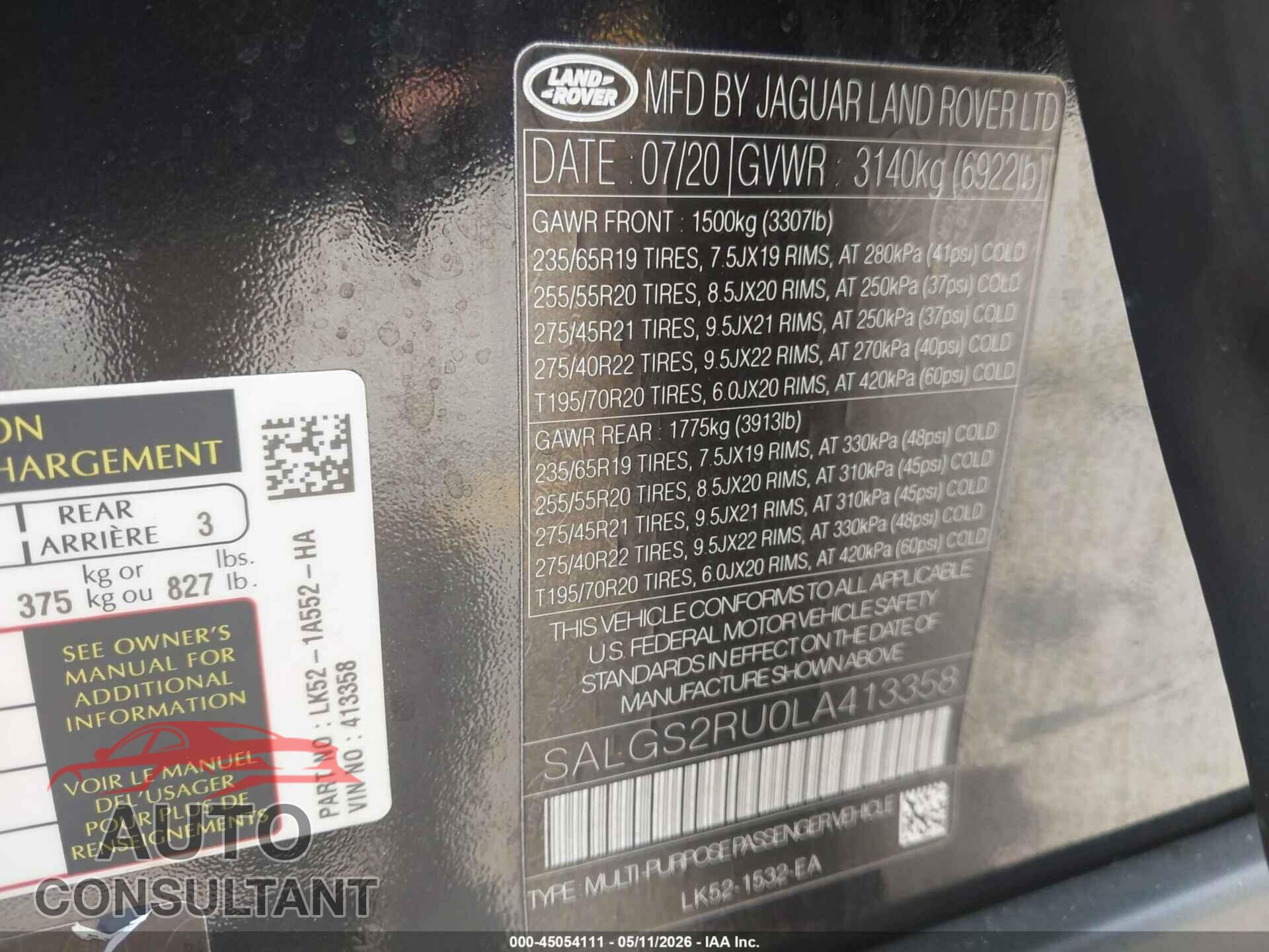 LAND ROVER RANGE ROVER 2020 - SALGS2RU0LA413358