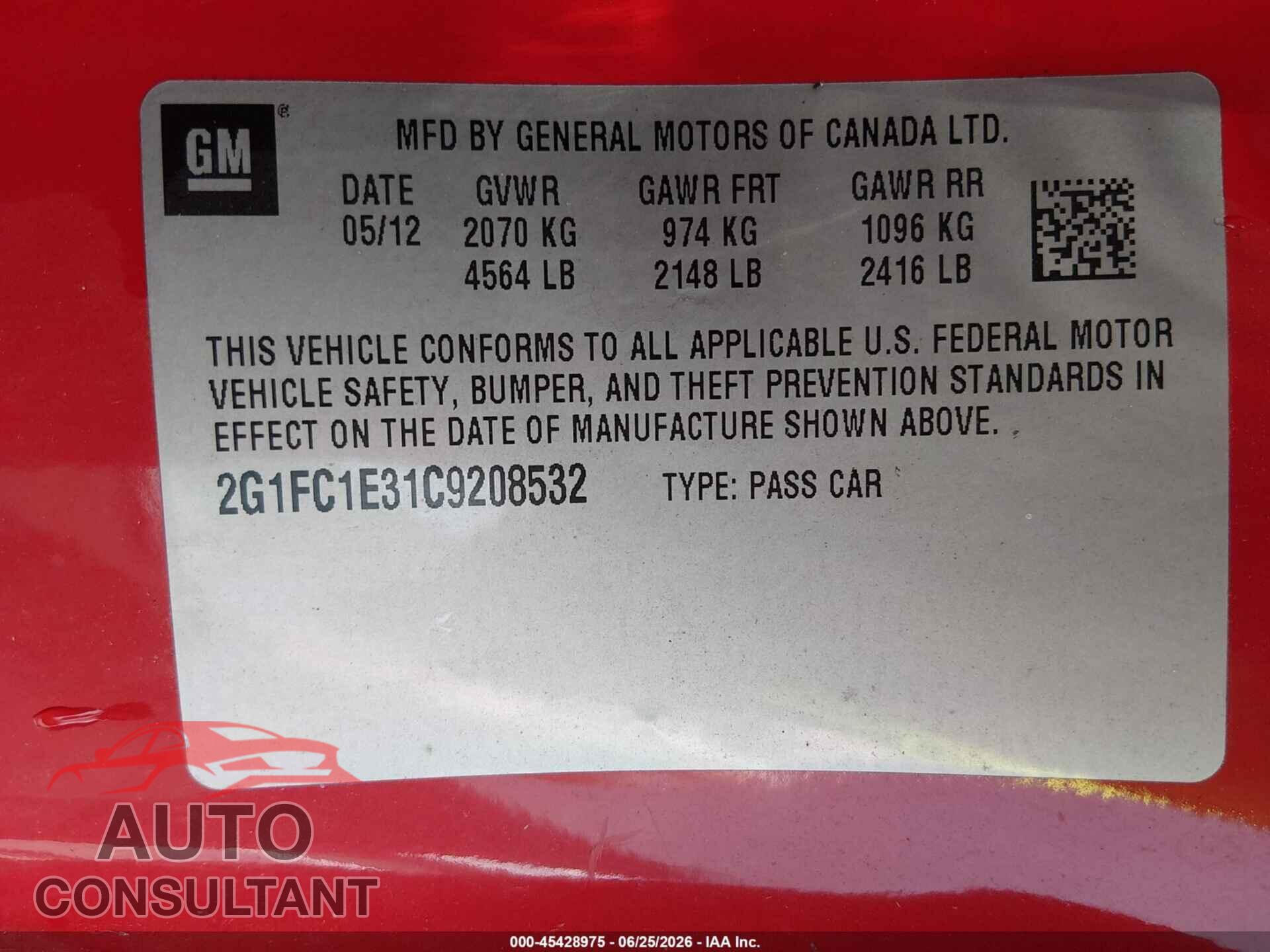 CHEVROLET CAMARO 2012 - 2G1FC1E31C9208532