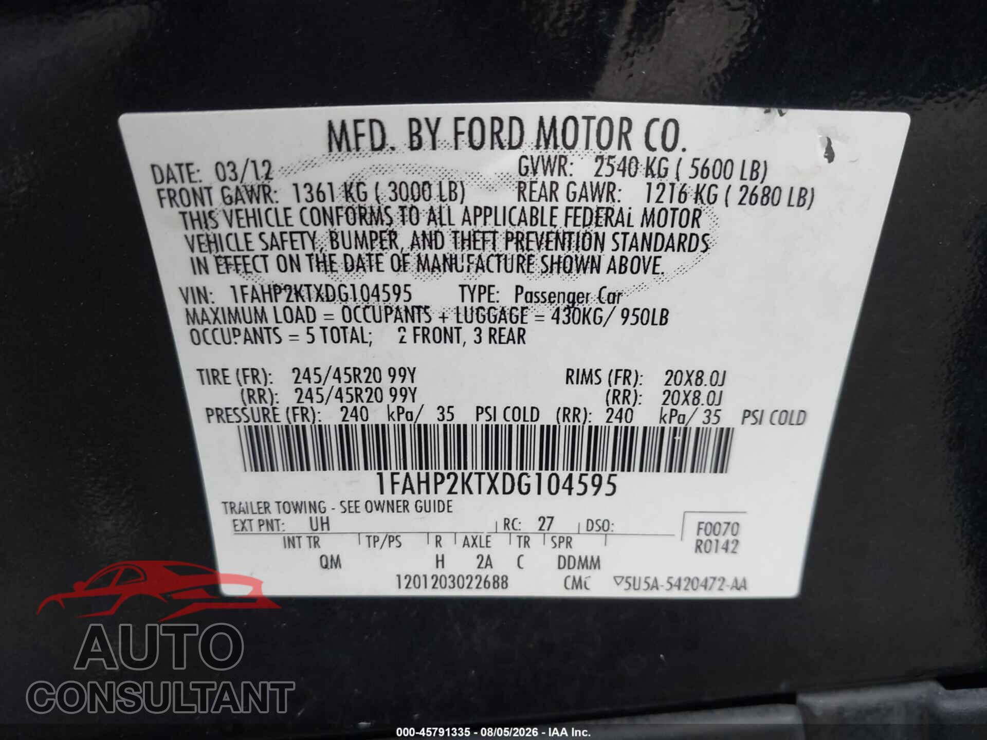 FORD TAURUS 2013 - 1FAHP2KTXDG104595