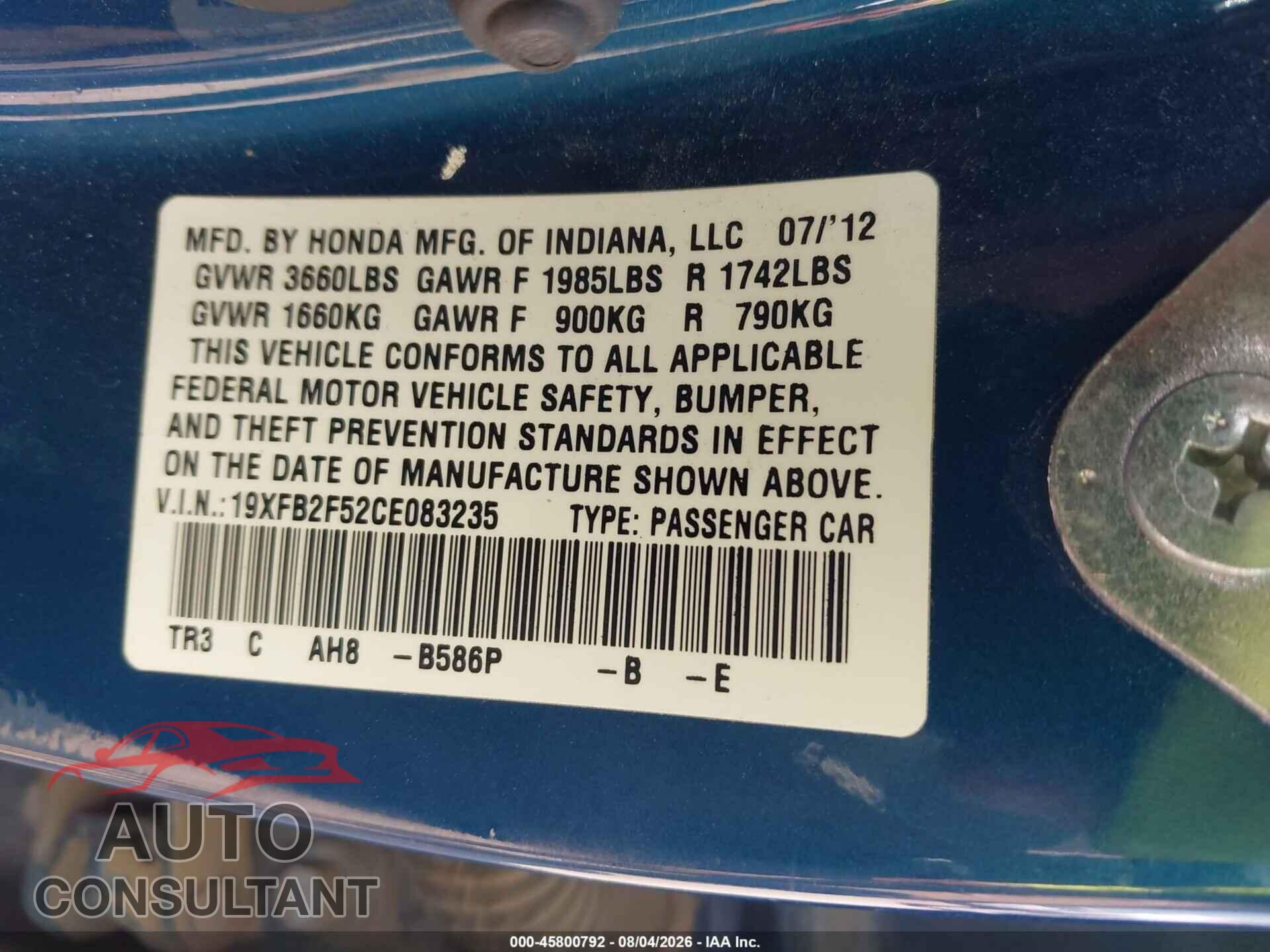 HONDA CIVIC 2012 - 19XFB2F52CE083235