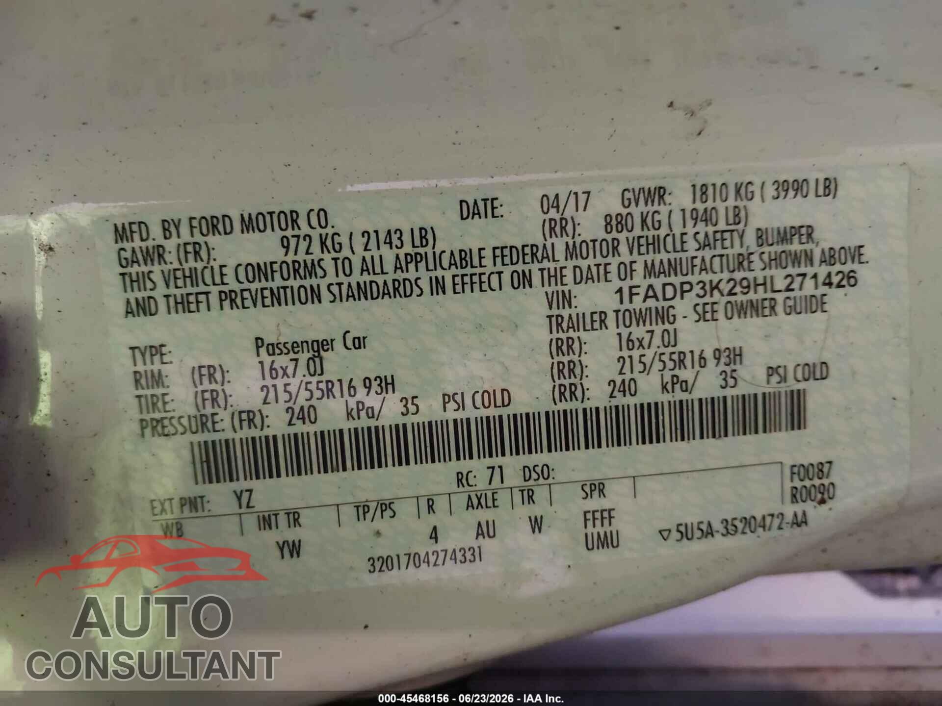 FORD FOCUS 2017 - 1FADP3K29HL271426