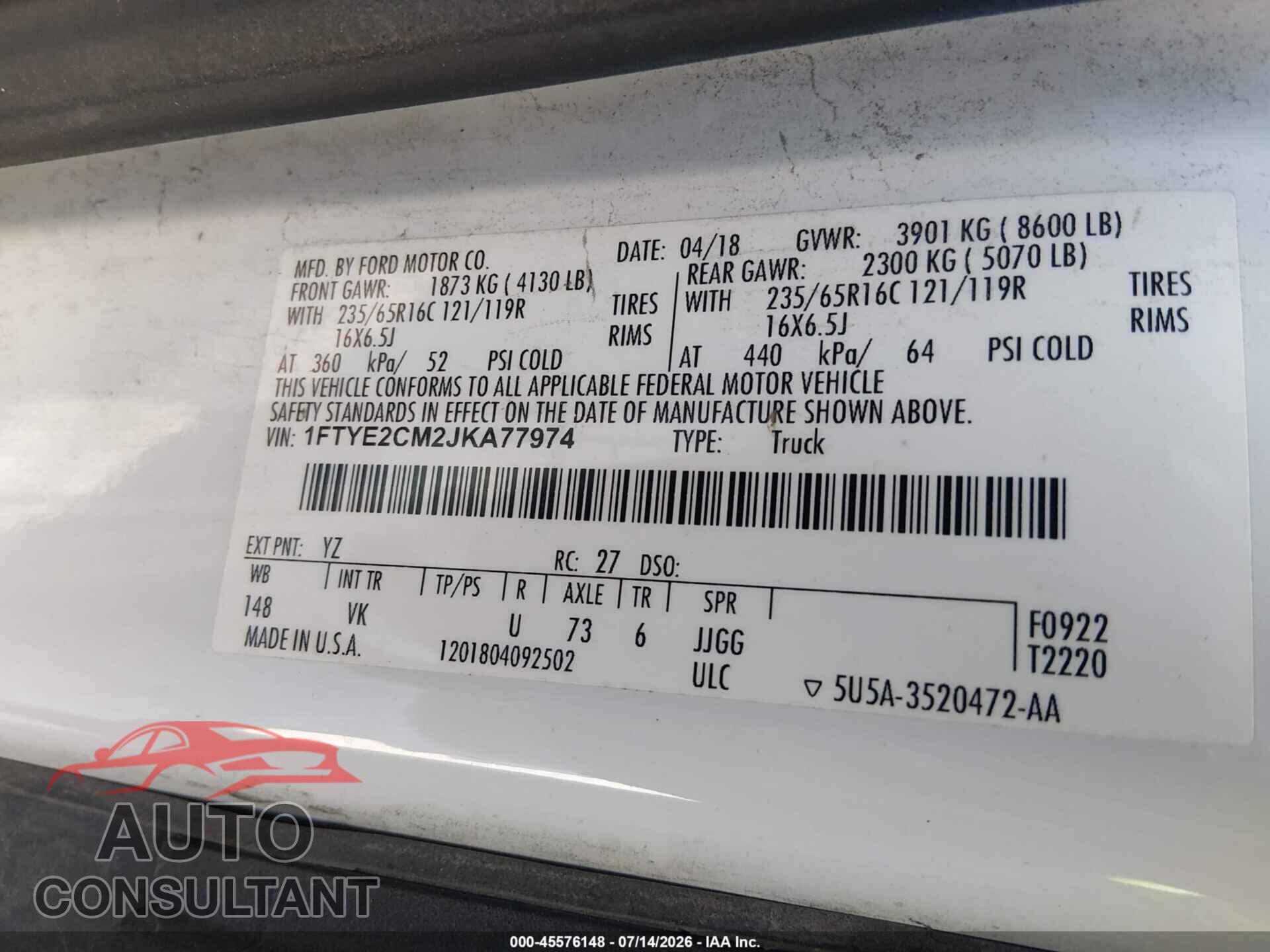 FORD TRANSIT-150 2018 - 1FTYE2CM2JKA77974