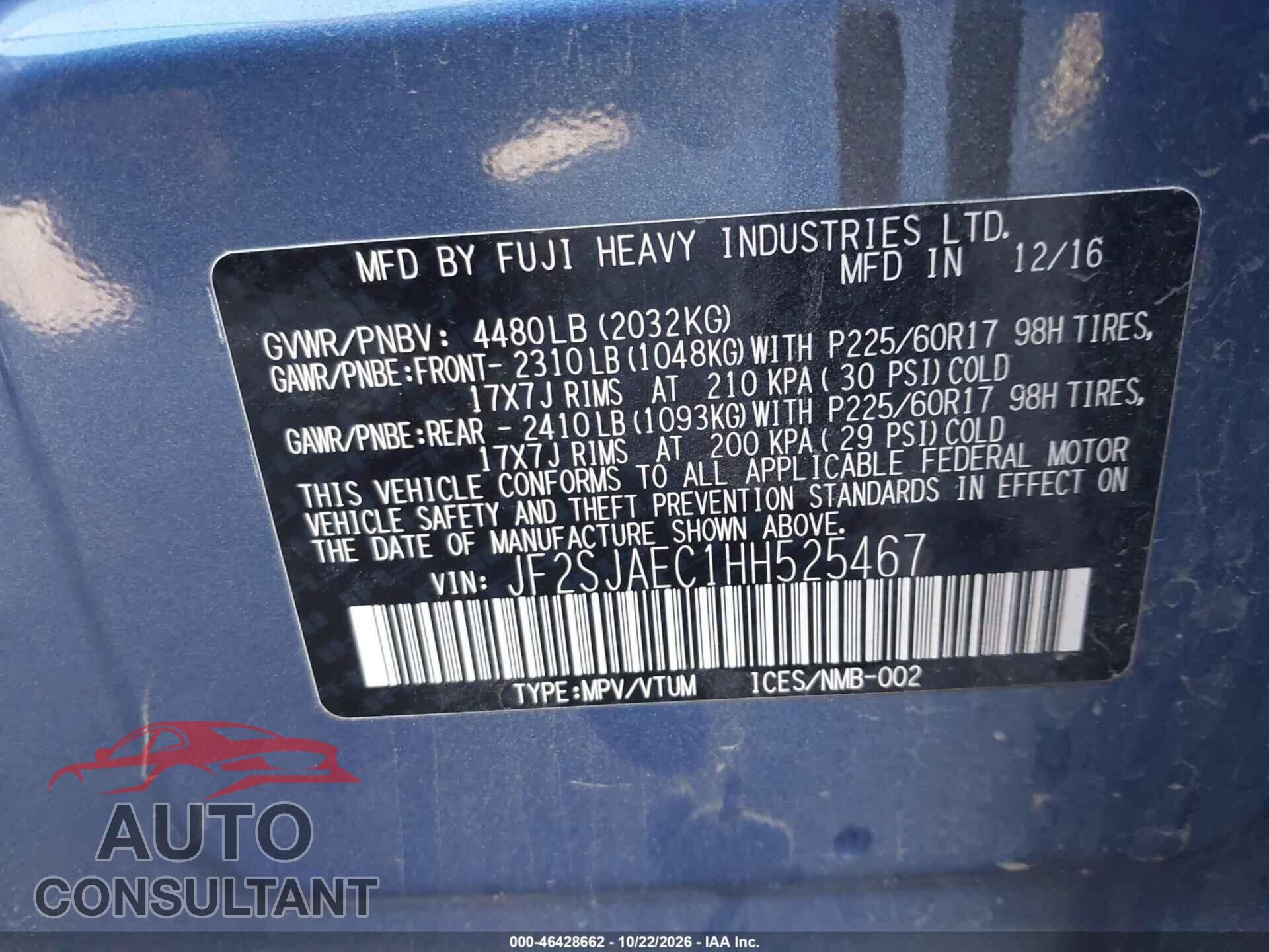 SUBARU FORESTER 2017 - JF2SJAEC1HH525467