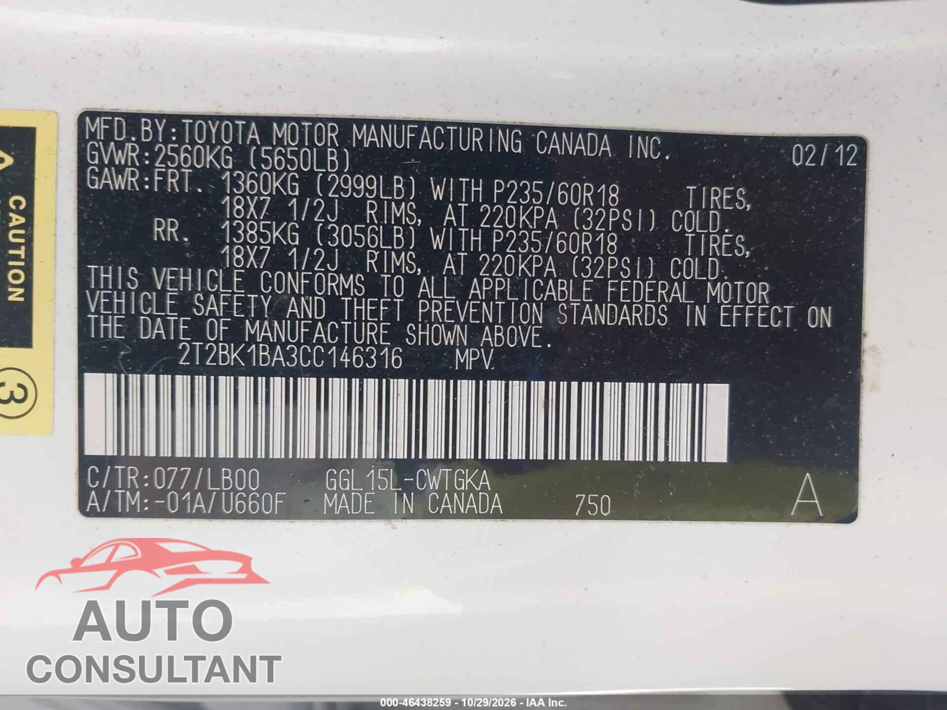 LEXUS RX 350 2012 - 2T2BK1BA3CC146316