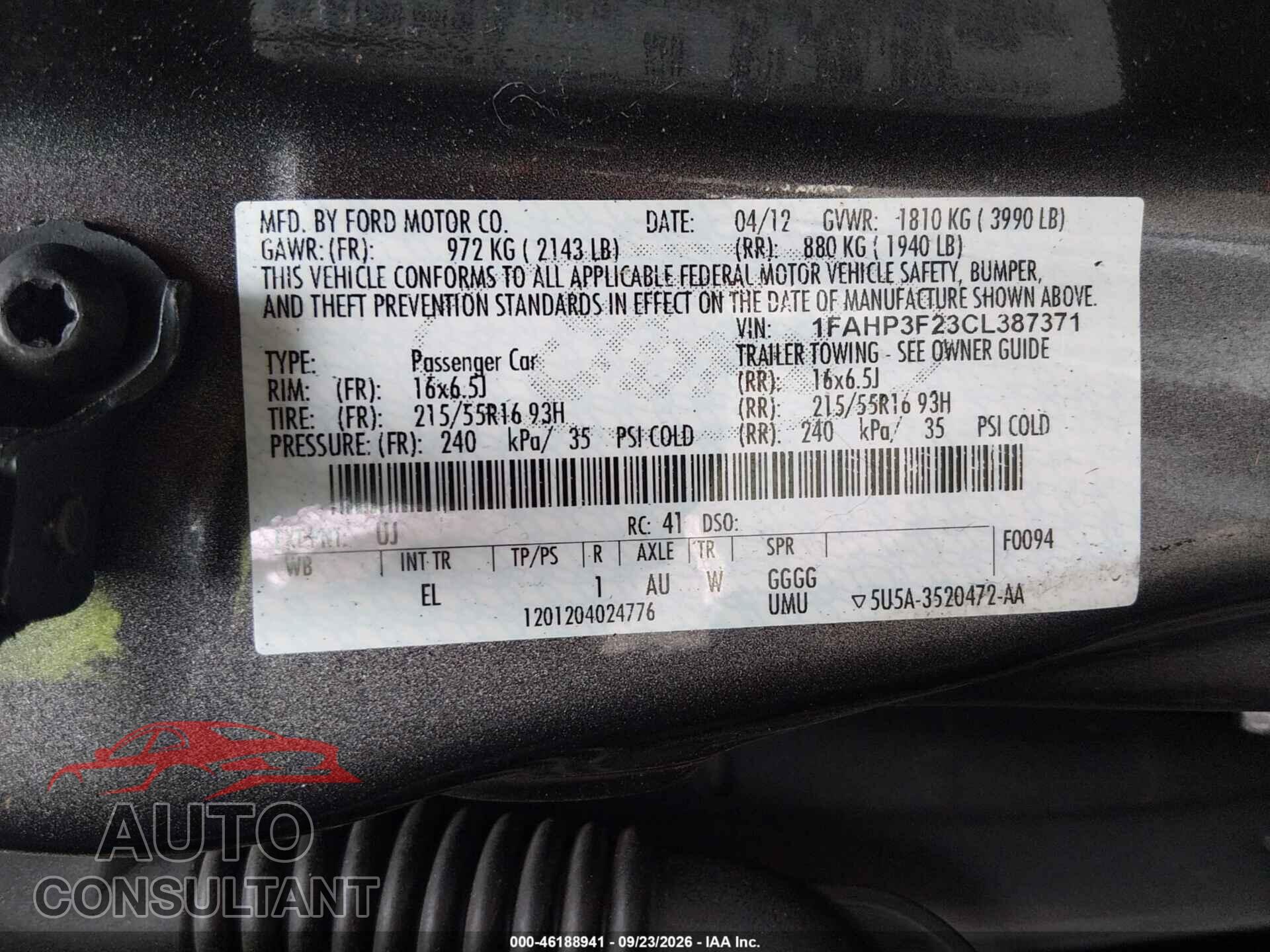 FORD FOCUS 2012 - 1FAHP3F23CL387371