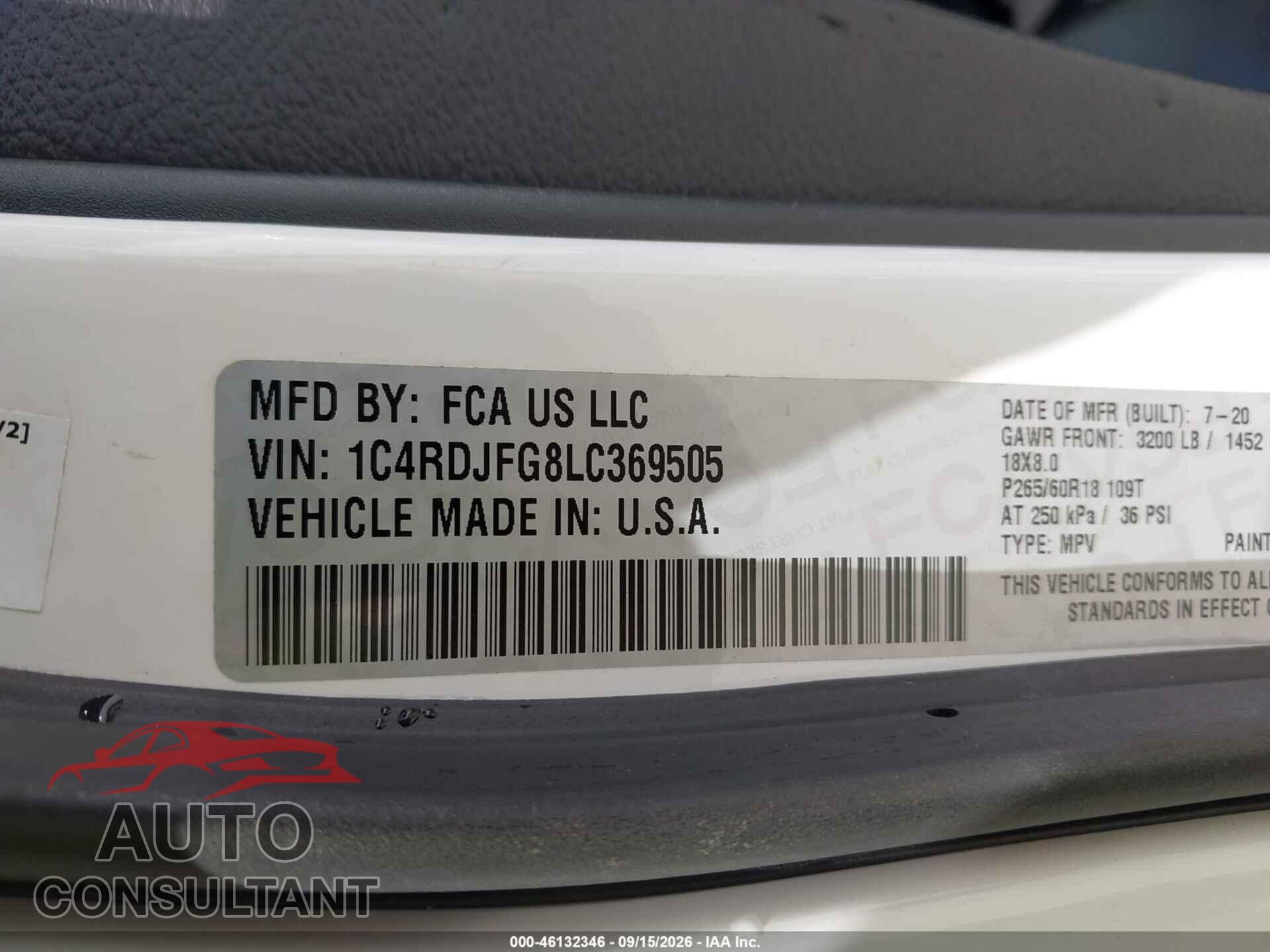 DODGE DURANGO 2020 - 1C4RDJFG8LC369505